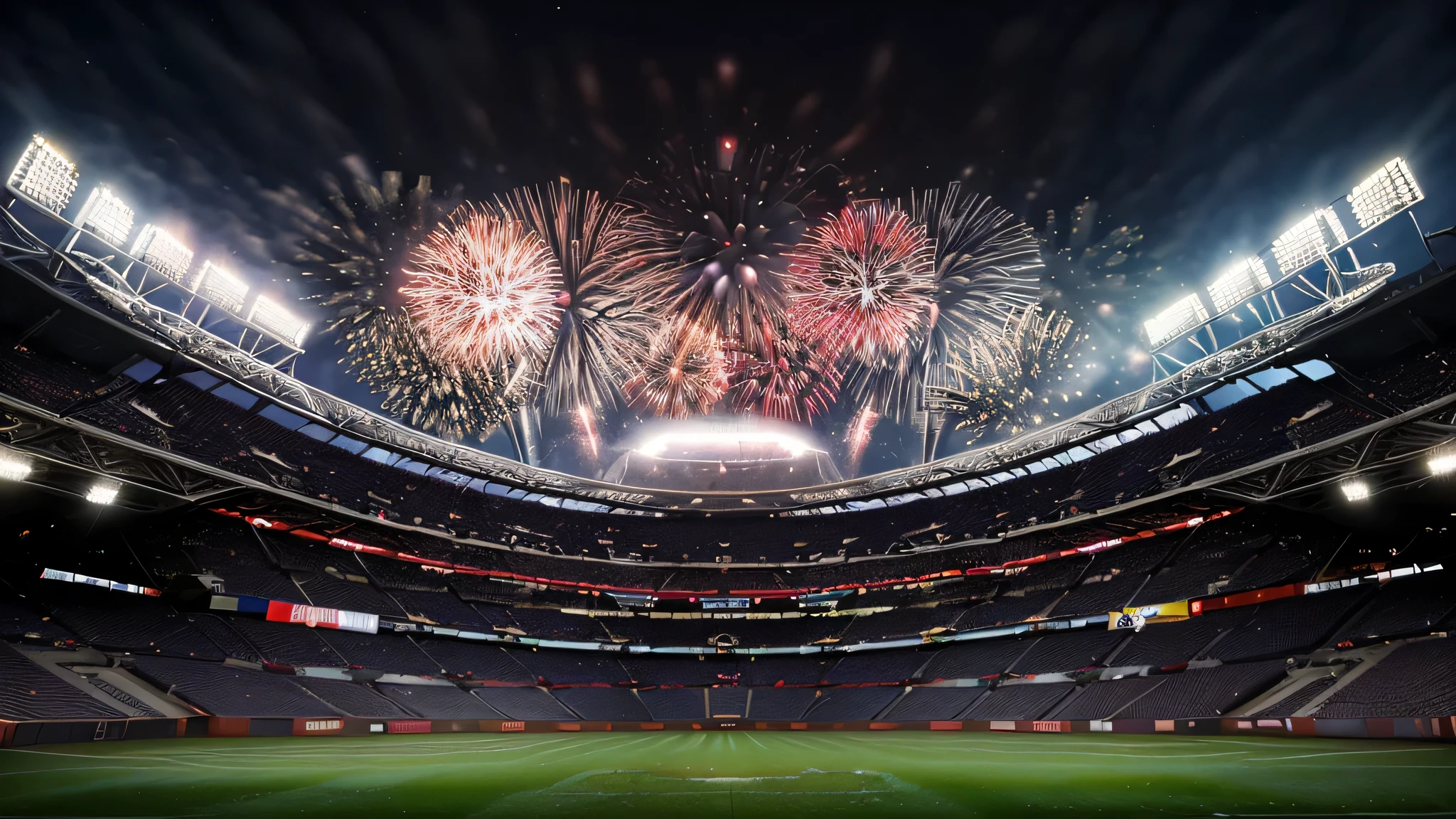 Masterpiece, Top Quality, Heavy fireworks, Night, Stadium with spotlights