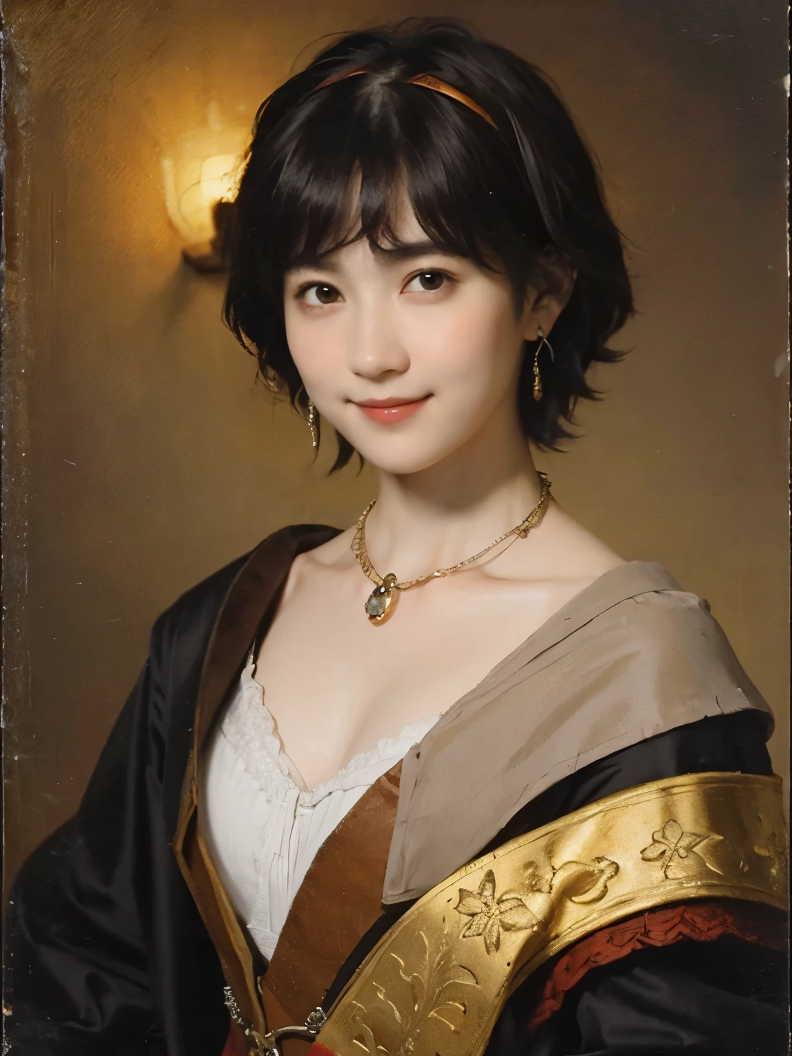 183 Short hair, 20 year old female, gentle smile, (rembrandt style painting), (chest:1.2), whole body
