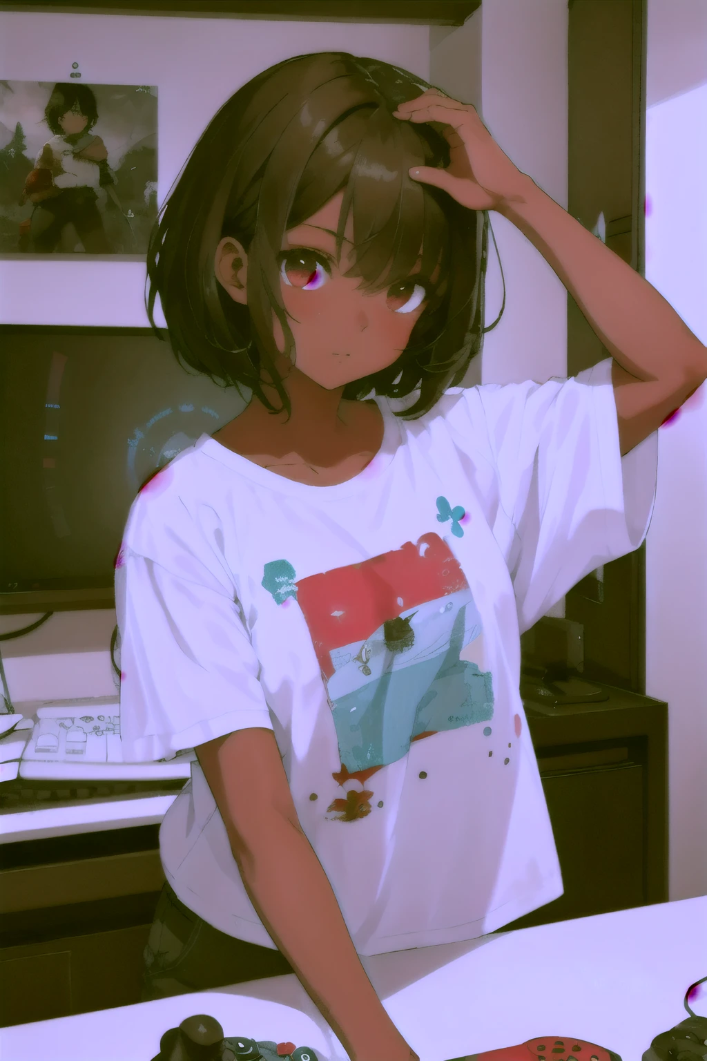 Beautiful illustration, Mejor calidad, cute , a dark-skinned girl with short black hair , sostentiendo con sus manos un control de xbox y que tenga una playera con el nombre de DANAGARX O DANA , que de fondo sea una sala gamer