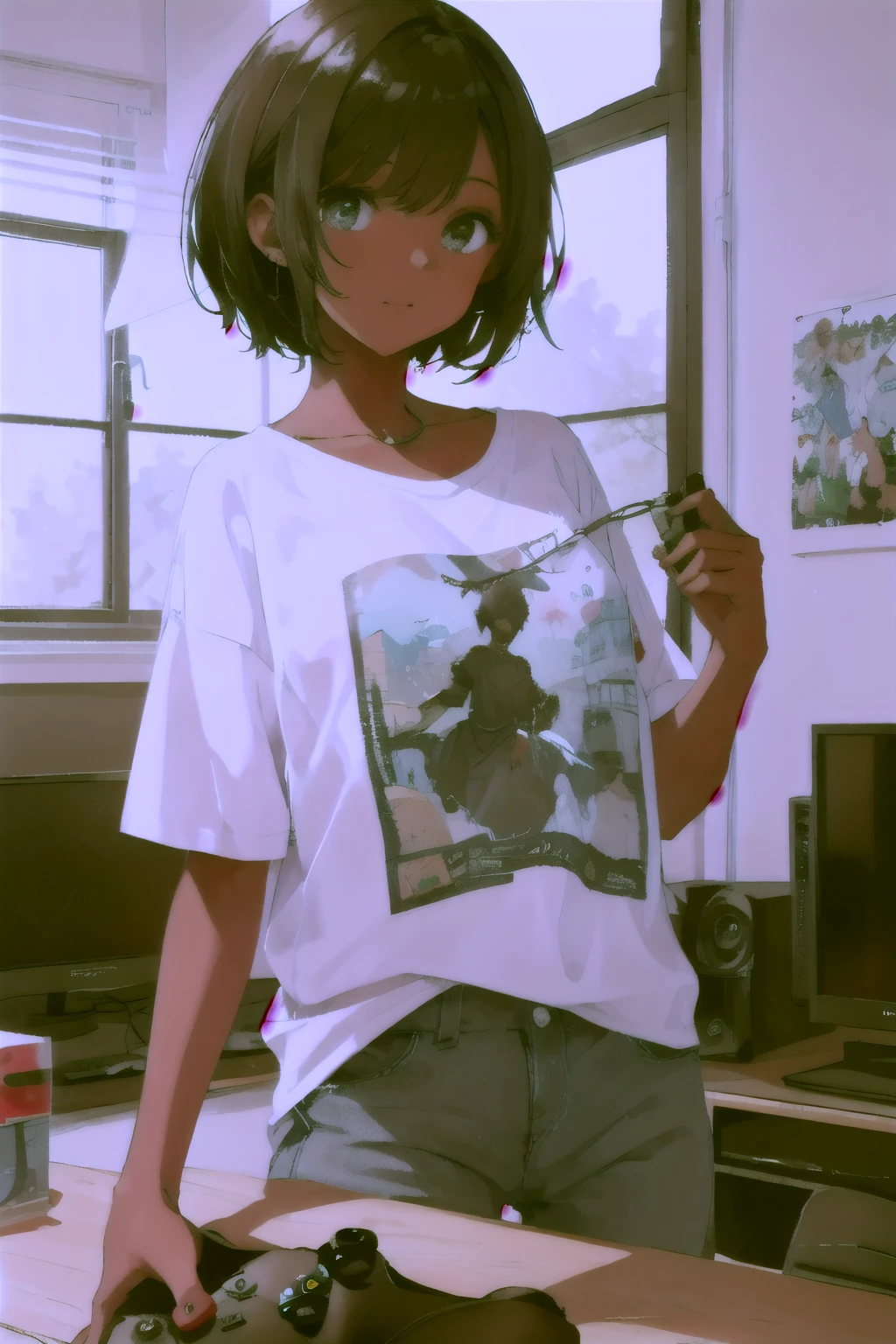 Beautiful illustration, Mejor calidad, cute , a dark-skinned girl with short black hair , sostentiendo con sus manos un control de xbox y que tenga una playera con el nombre de DANAGARX O DANA , que de fondo sea una sala gamer