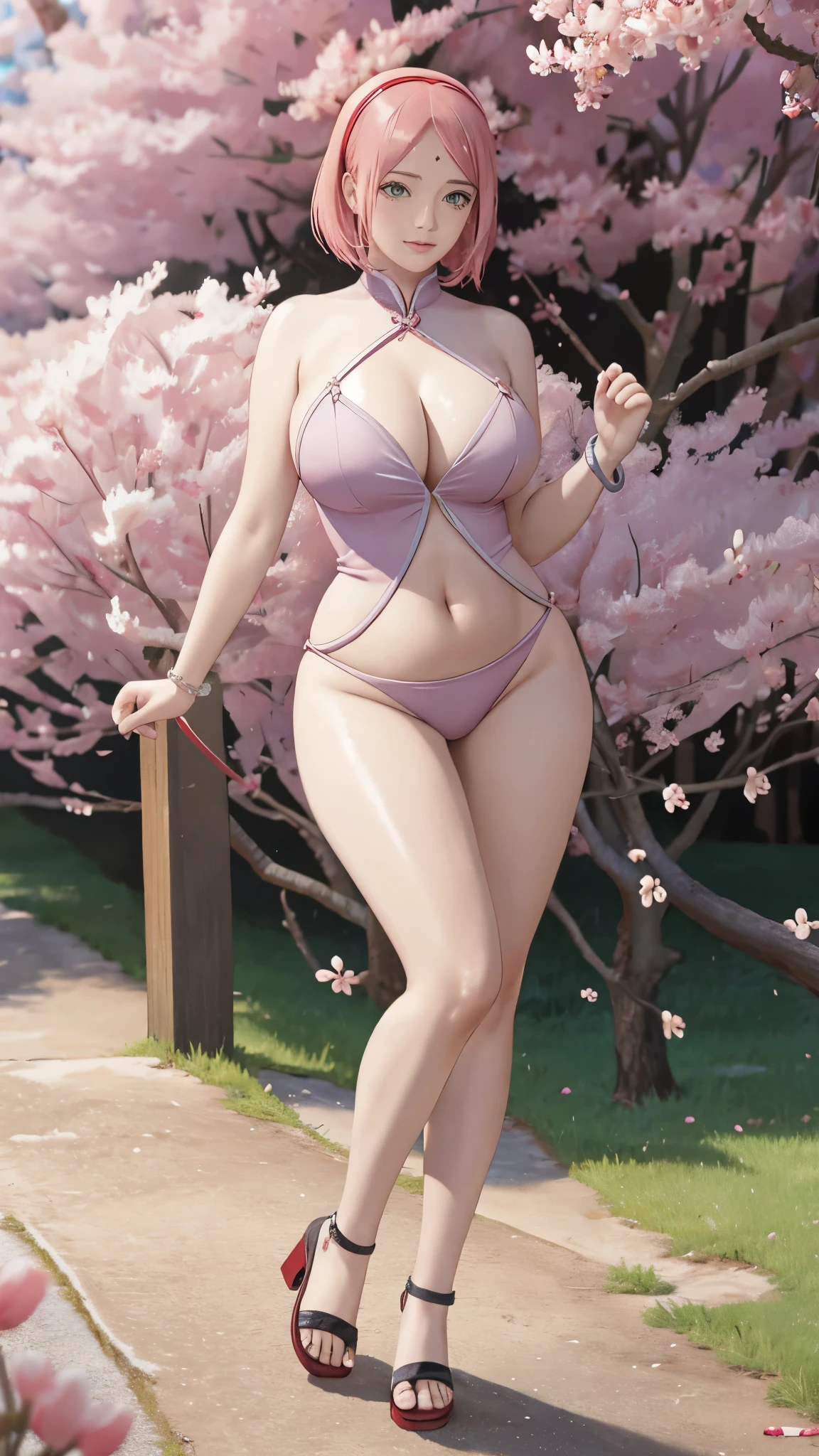 Chubby , thick, Curve, Realistic, Photorealistic,cowboy shot,masterpiece, absurdres, (colorful), 1girl, haruno sakura, forehead mark, red hairband, detailed chinesse mini dress, navel, groin, bracelet, looking at viewer, flushed face, smile, cherry blossoms, private garden, wind, floating hair, large breast, (((wide hips))), toned body, detailed eyes, dynamic pose, full body