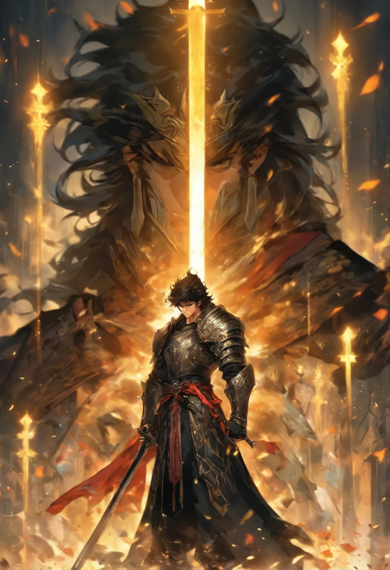 Caucasian Man. Dark Hair. average Hair .intelligent eyes. straight nose well-groomed beard. short hair. strong stature. tall strong and athletic build. wear wide belt sashes.ted textiles or adorned with precious metals. gemstones crown leather boots. black pants . bracelets for defend, knight long sword in hand. monarch. templer clothes . small cross on the chest. Chain shirt