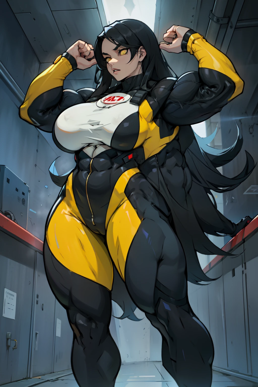 a muscular woman with huge breasts full bodysuit black hair yellow eyes pale skin dark atmosphere extremely long hair extremely long hair