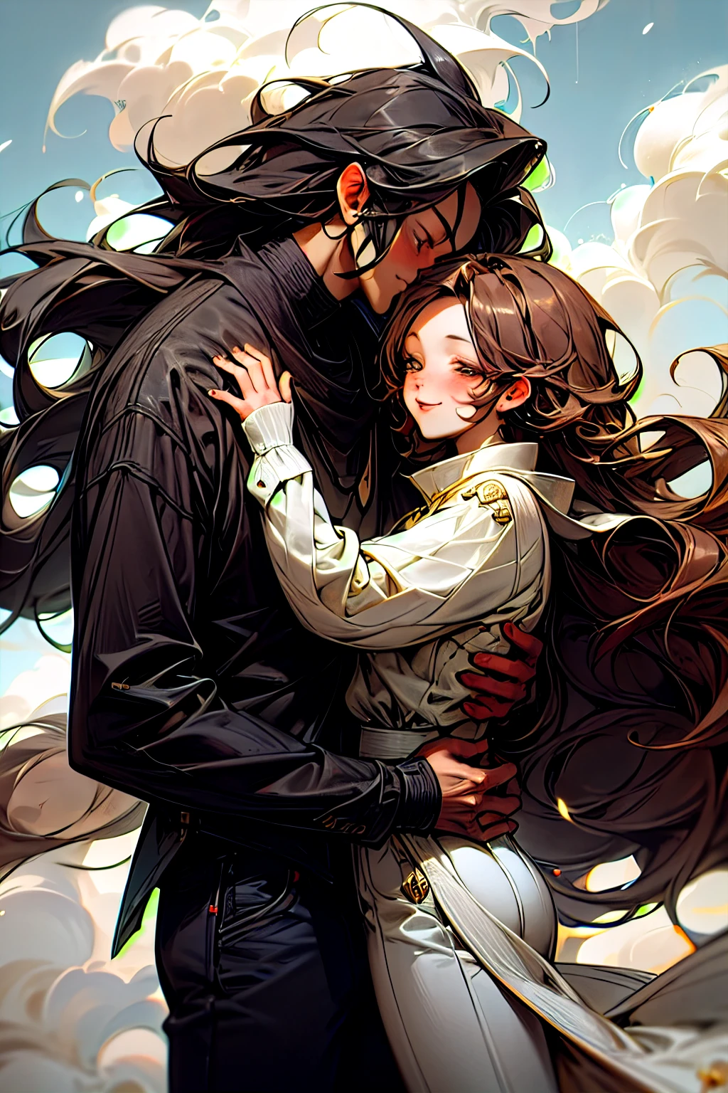 masterpiece, anime, kawaii, cute, romantic, best quality, 2others, couple, mature, adult, height difference, different fashion, different color, casual clothes, long sleeves, smile, happy, love, swirling wind, blue sky, man with long hair, man with light brown hair, woman with black hair, woman with black hair