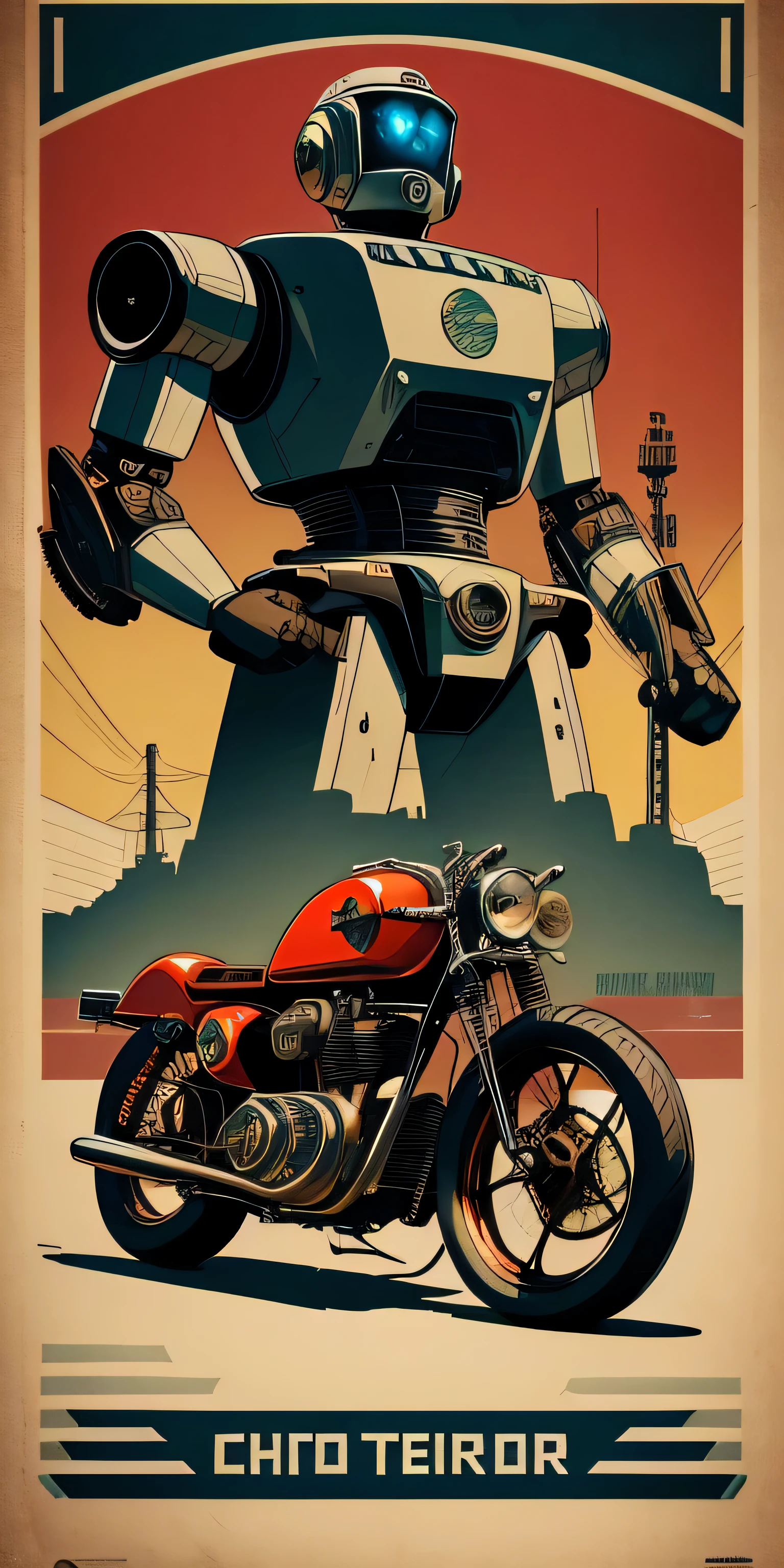 A highly detailed propaganda poster, robot, robot riding a motor bike, custom bike, chopper, vintage motorcycle, cafe racer, pop art, art deco, vintage, typography, vintage paper, the rule of thirds, trending on artstation, UHD