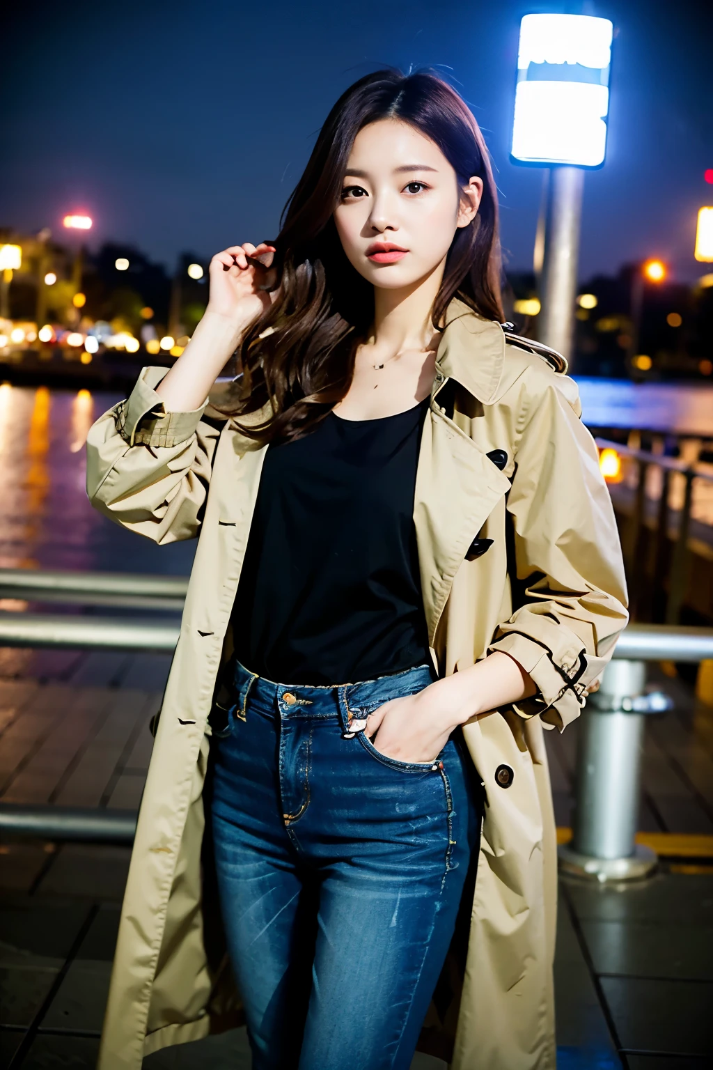 Top quality, one beautiful woman, 35mm lens, f/1, Wearing wearing a trench coat and jeans, at midnight, stillness of night, outdoors