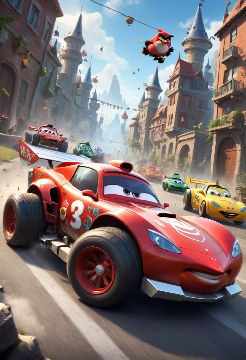 racing cars, "Kung Fu Panda" as driver, (best quality, masterpiece, perfect composition, very aesthetic, ultra-detailed, intricate details:1.3)