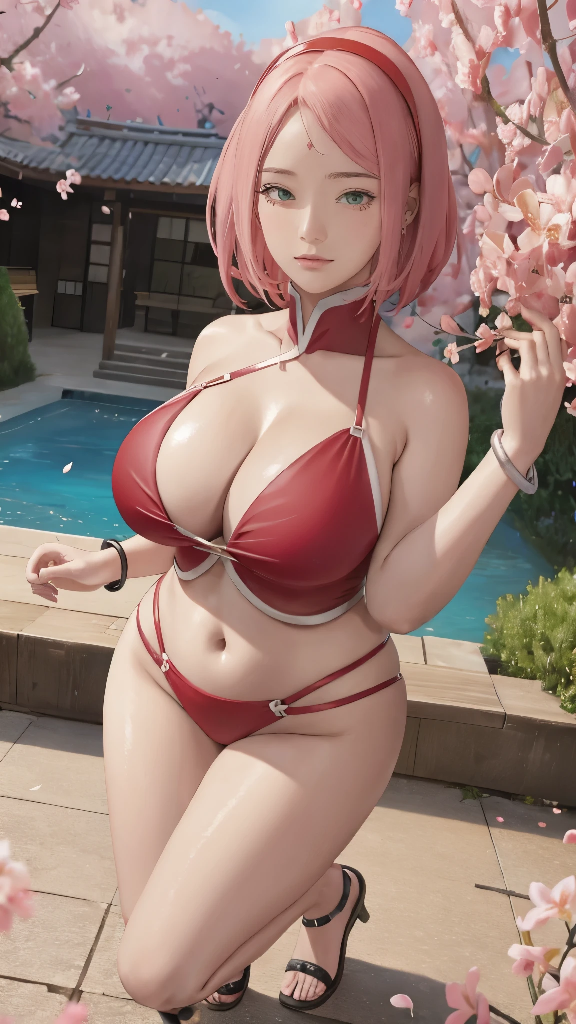 Chubby , thick, Curve, Realistic, Photorealistic,cowboy shot,masterpiece, absurdres, (colorful), 1girl, haruno sakura, forehead mark, red hairband, detailed red chinesse mini dress, navel, groin, bracelet, looking at viewer, flushed face, smile, cherry blossoms, private garden, wind, floating hair, large breast, (((wide hips))), toned body, detailed eyes, dynamic pose, full body