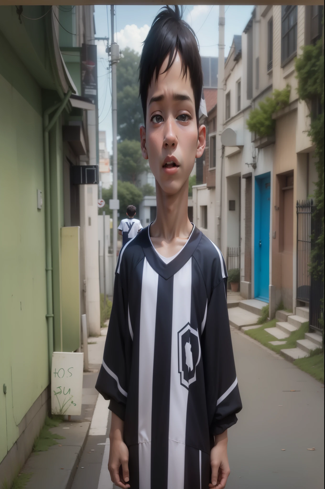 There's a boy standing in the middle of a street, in football team clothes