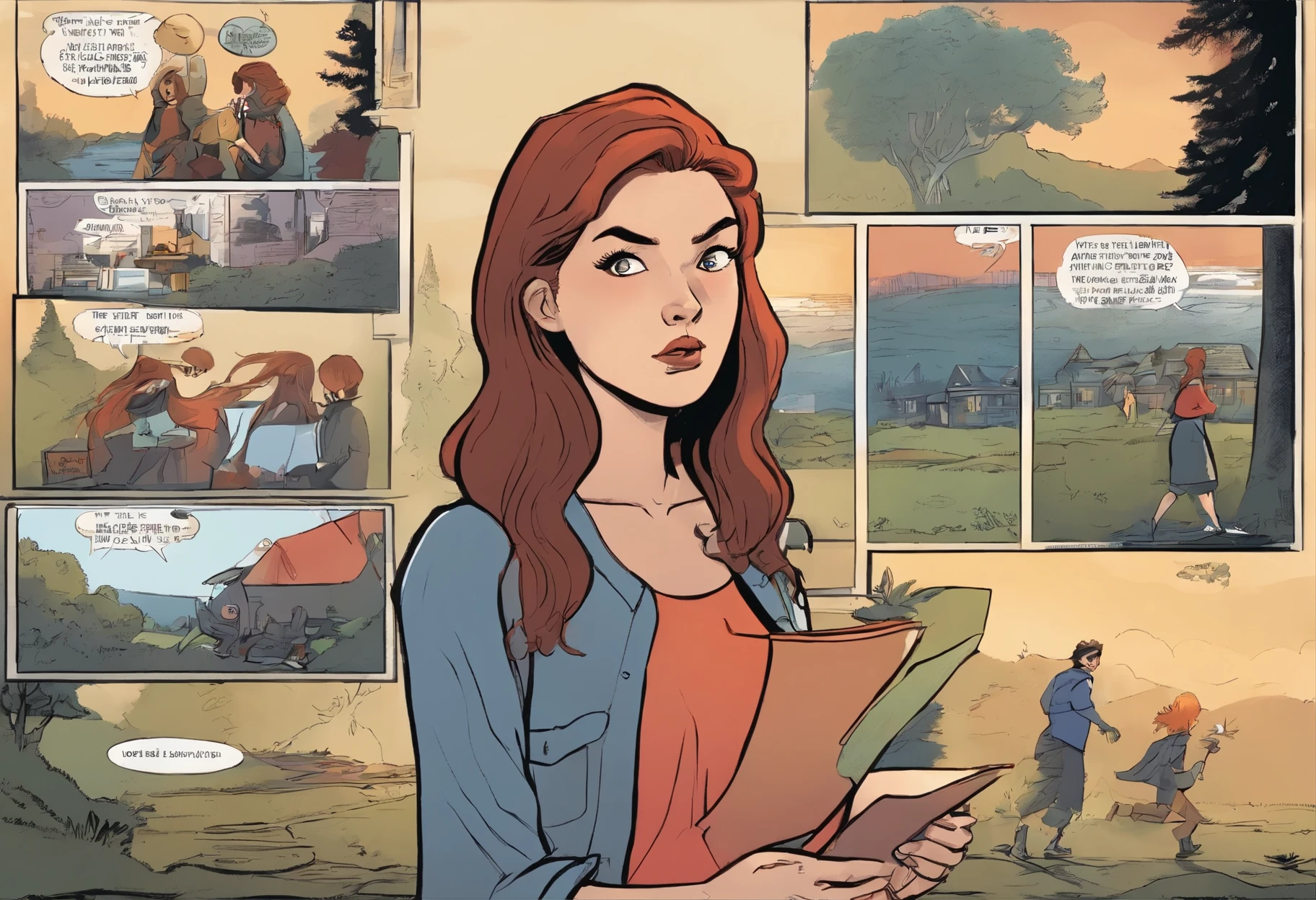 American comics, the comic story is presented in multiple irregular panels with color. Main character is Girl, she start reading, drink a tea. Tea is empty. While she's reading she's falling asleep. While she's falling into bed
she's standing up in another world. She's looking around, wondering this world. She noticed there is a person watching her. She's terrified. Trying to run away from stranger. She run into forest,that stranger chasing her. She appear in a dark street and while she trying to run away that stranger got her. She wake up, look at her phone and found out stranger phone number dialing her. The style is exaggerated and detailed