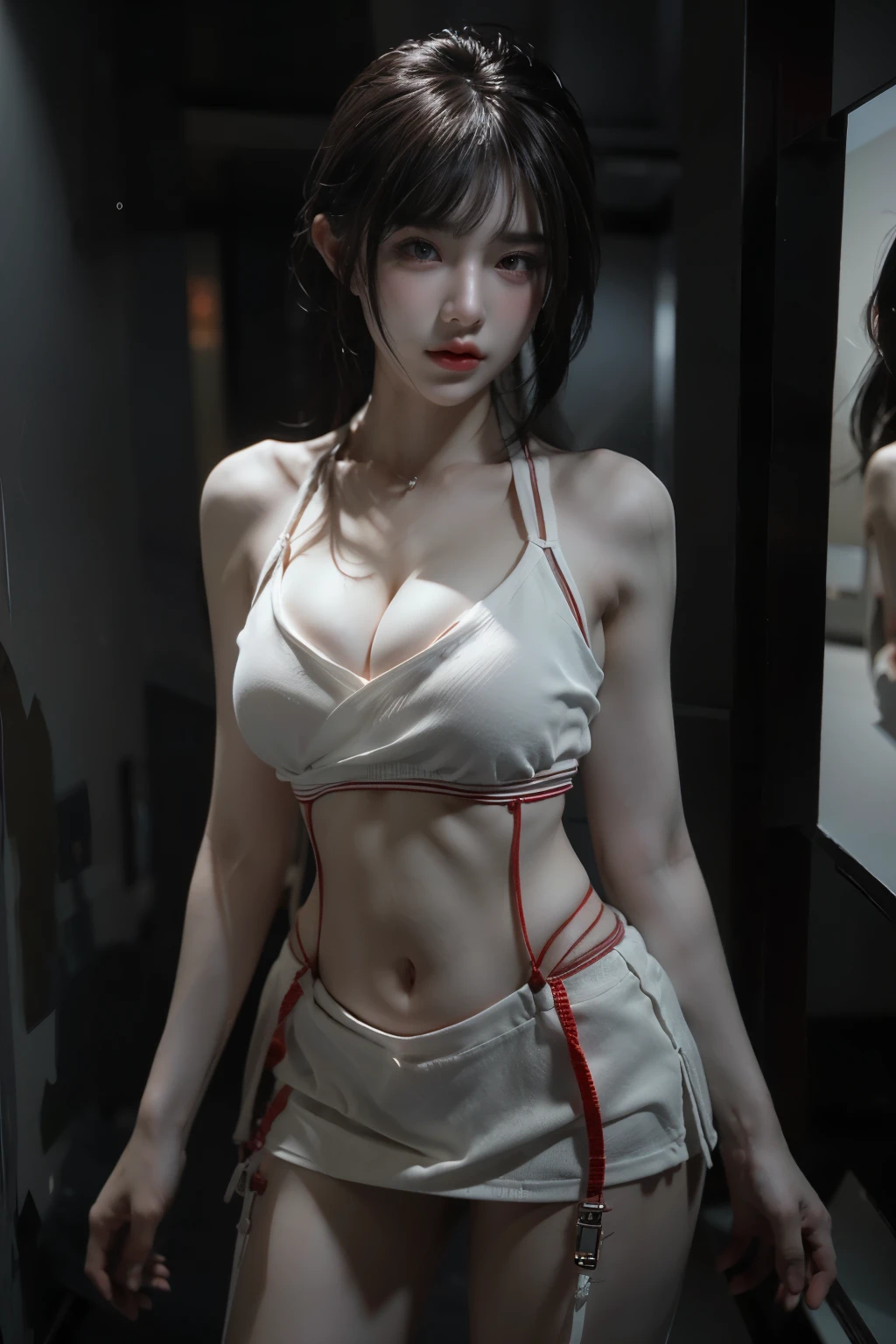 Masterpiece,Game art,The best picture quality,Highest resolution,8K,(A bust photograph),(Portrait),(Head close-up),(Rule of thirds),Unreal Engine 5 rendering works,
20 year old girl,Short hair details,With long bangs,(white hair),red eyes,Elegant and elegant,(Large, full breasts),(Wearing a white coat,Red suspender underwear),shut your mouth,serious yet charming,(scholar),photo poses,Sci-fi style laboratory,white room,
Movie lights,Ray tracing,Game CG,((3D Unreal Engine)),OC rendering reflection pattern