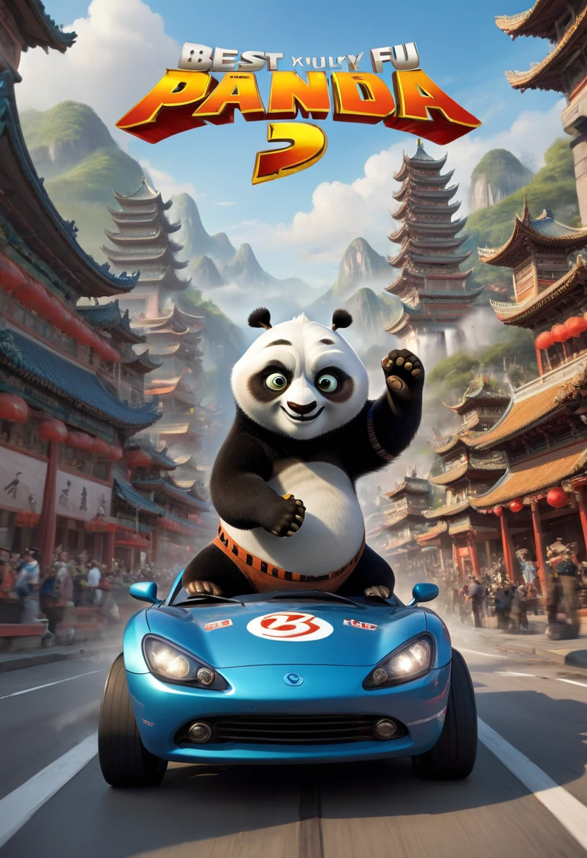 racing cars, "Kung Fu Panda" as driver, (best quality, masterpiece, perfect composition, very aesthetic, ultra-detailed, intricate details:1.3)