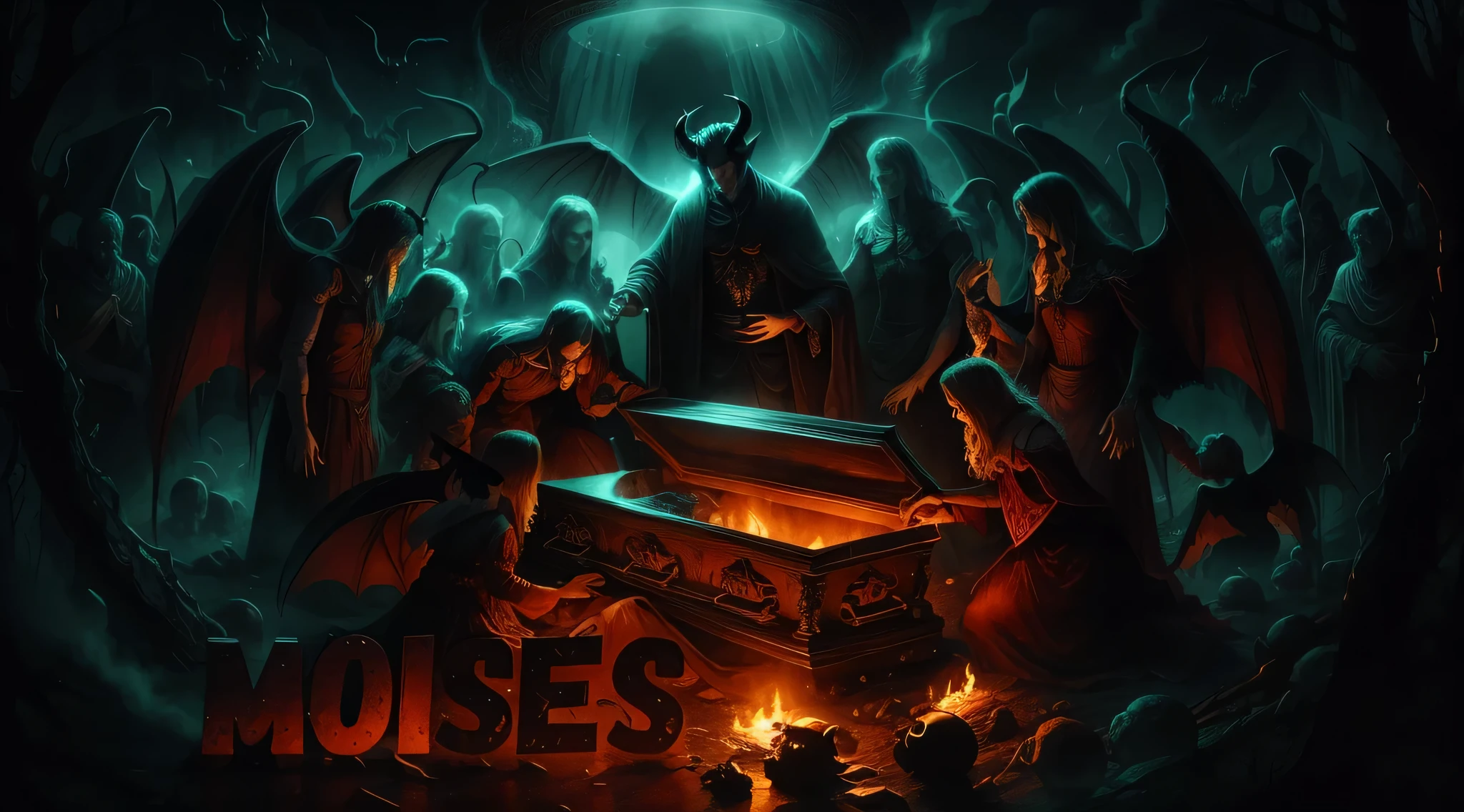 a group of people around a coffin with a demon in the background, horrible and scary satanic rituals, sinister demonic atmosphere, corpse, conjure Devils, moisés, Devils, Devils horns, corpses, the devil in music, satan in hell, Devils, cursed images, satanic church interior, Ron Desantis as Satan, demon horns, demonic presence