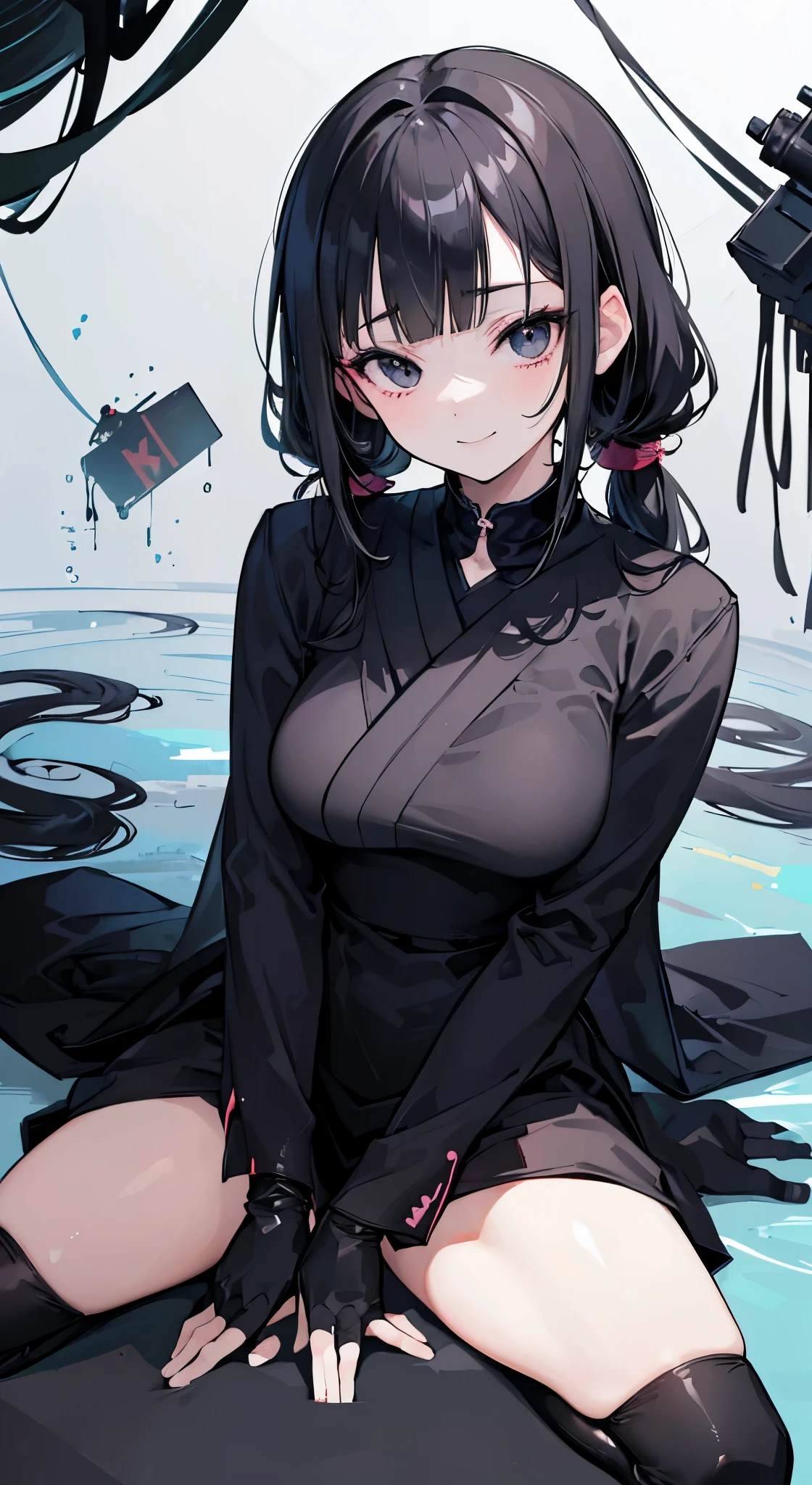 ((masterpiece,best quality))、only one woman、only black color ninja clothes,black eyes,black low pigtails,blunt bangs,hime cut,black gloves,Japanese,smile,delicate hands,anime,illustration,Two dimensions,beautiful girl,sitting straight,Erase extra arms,Erase extra legs,Erase extra fingers,no collar