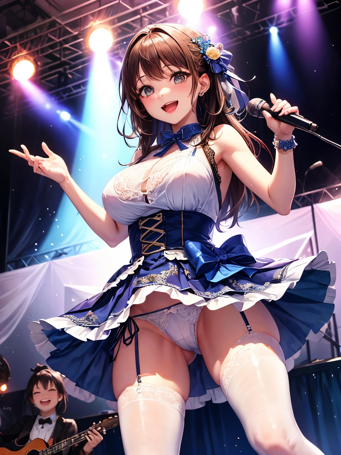 highest quality、All limbs、full finger、Slender beauty、straight hair、brown hair、Delete Blue, white and navy idol costume、high socks、beautiful big breasts、live stage、sing、microphone, dancing、big smile、(white horizontal lace panties:1.1), skirt lift