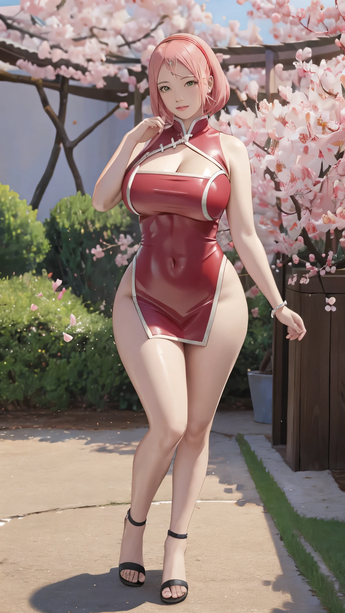 Chubby , thick, Curve, Realistic, Photorealistic,cowboy shot,masterpiece, absurdres, (colorful), 1girl, haruno sakura, forehead mark, red hairband, detailed chinesse mini dress, navel, groin, bracelet, looking at viewer, flushed face, smile, cherry blossoms, private garden, wind, floating hair, large breast, (((wide hips))), toned body, detailed eyes, dynamic pose, full body