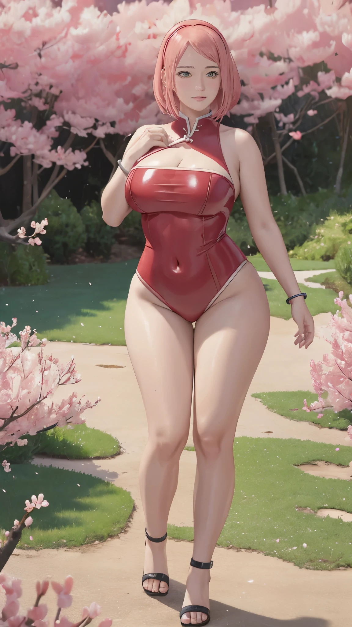 Chubby , thick, Curve, Realistic, Photorealistic,cowboy shot,masterpiece, absurdres, (colorful), 1girl, haruno sakura, forehead mark, red hairband, detailed red chinesse mini dress, navel, groin, bracelet, looking at viewer, flushed face, smile, cherry blossoms, private garden, wind, floating hair, large breast, (((wide hips))), toned body, detailed eyes, dynamic pose, full body