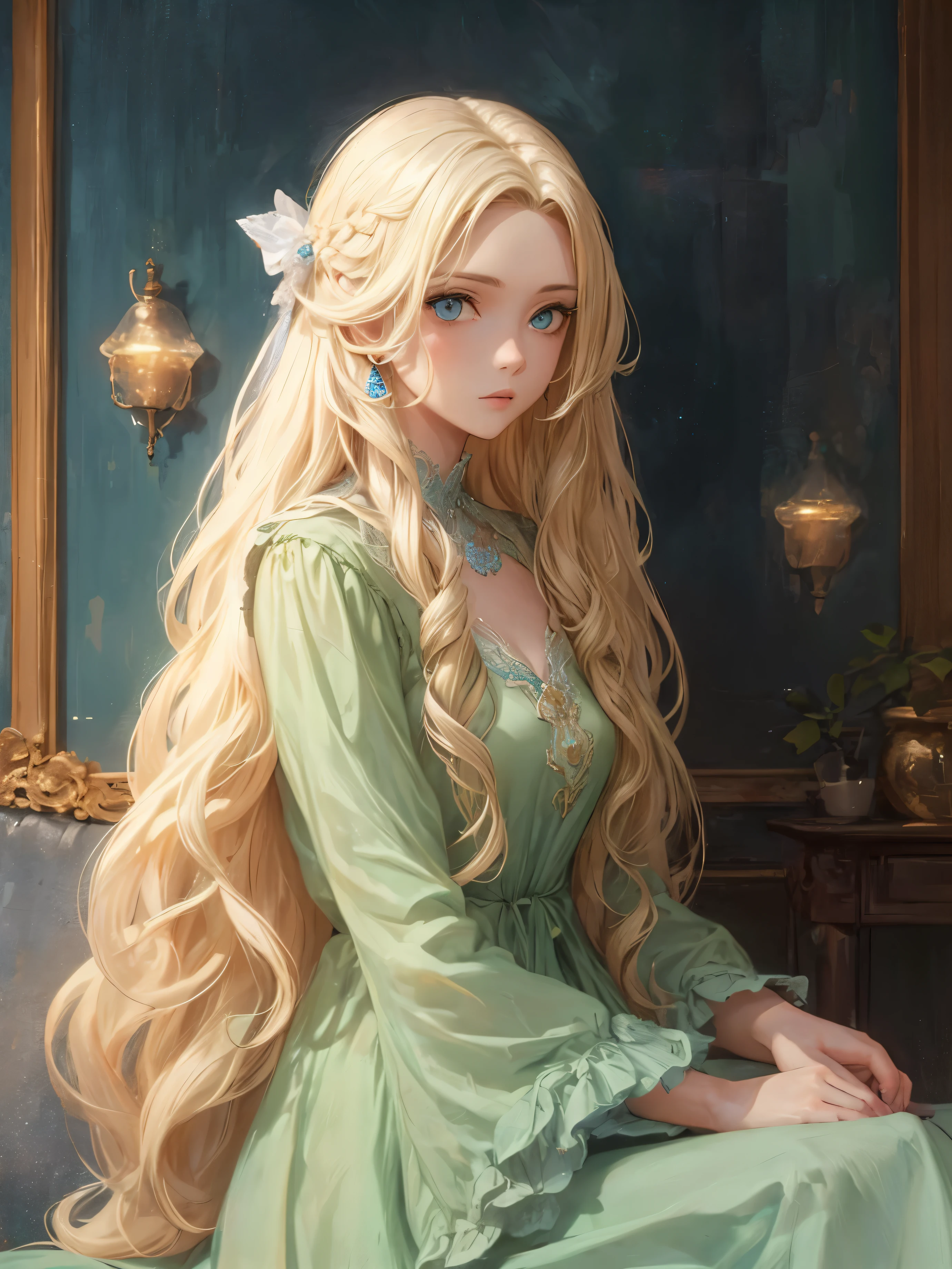 1 mulheres, cabelo loiro cabelo longo, vestido verde com detalhes azuis,olhos azuis,