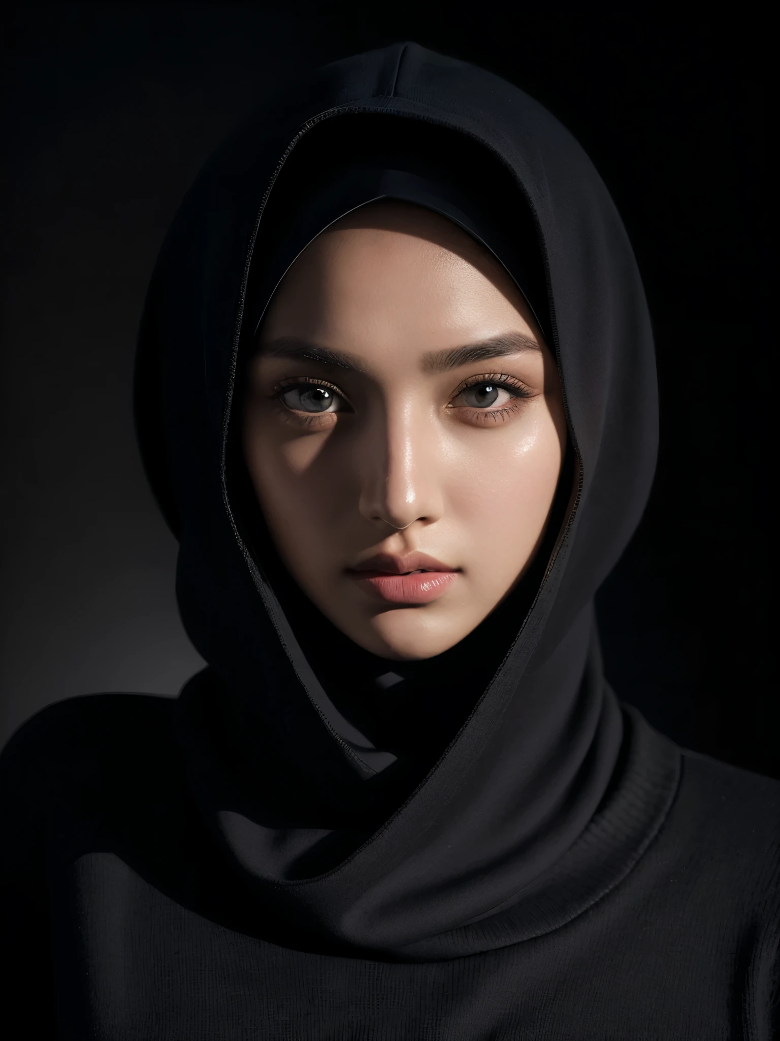 Best quality, masterpiece, ultra high res, (photorealistic:1.4), raw photo, 1girl, detailed hijab, detailed eyes and face, black sweater, dynamic lighting, in the dark, deep shadow, low key, cowboy shot