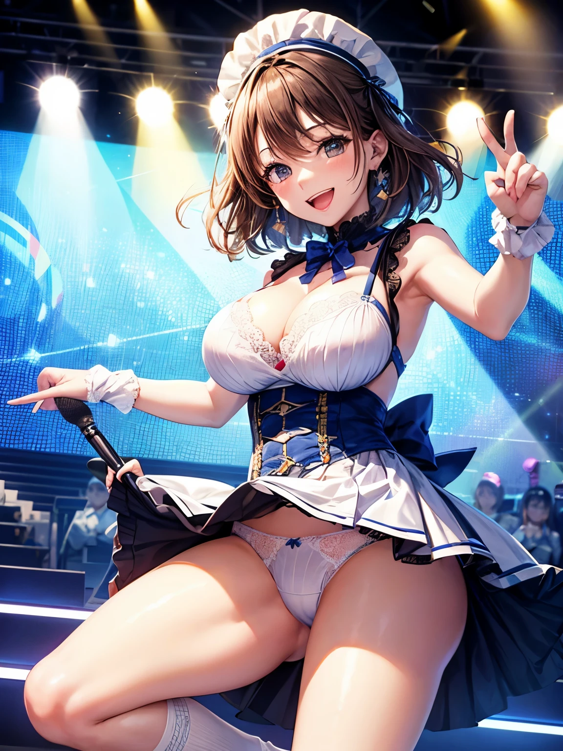 highest quality、All limbs、full finger、Slender beauty、straight hair、brown hair、Delete Blue, white and navy idol costume、high socks、beautiful big breasts、live stage、sing、microphone, dancing、big smile、(white horizontal lace panties:1.1), skirt lift, show off panties, (shirt lift:0.5), (show off bra:0.7)