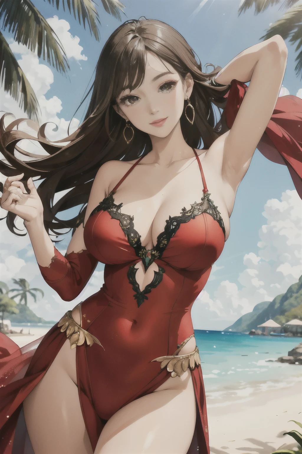 In the heart of a breathtaking paradise, a gorgeous female figure is captured in a full-length frame, running with grace and allure. The background is a blend of vibrant greens, azure skies, and golden sunbeams, painting a picture of paradise. With an attractive smile playing on her lips, she flirts with the viewer, her glamour clothes hugging her curves in all the right places. A red dress, lustrous and shimmering, adds an air of sophistication and seduction.
The portrait bustles with details, bringing the vivid scene to life. The woman's skin is highly detailed and realistic, every pore, freckle, and texture