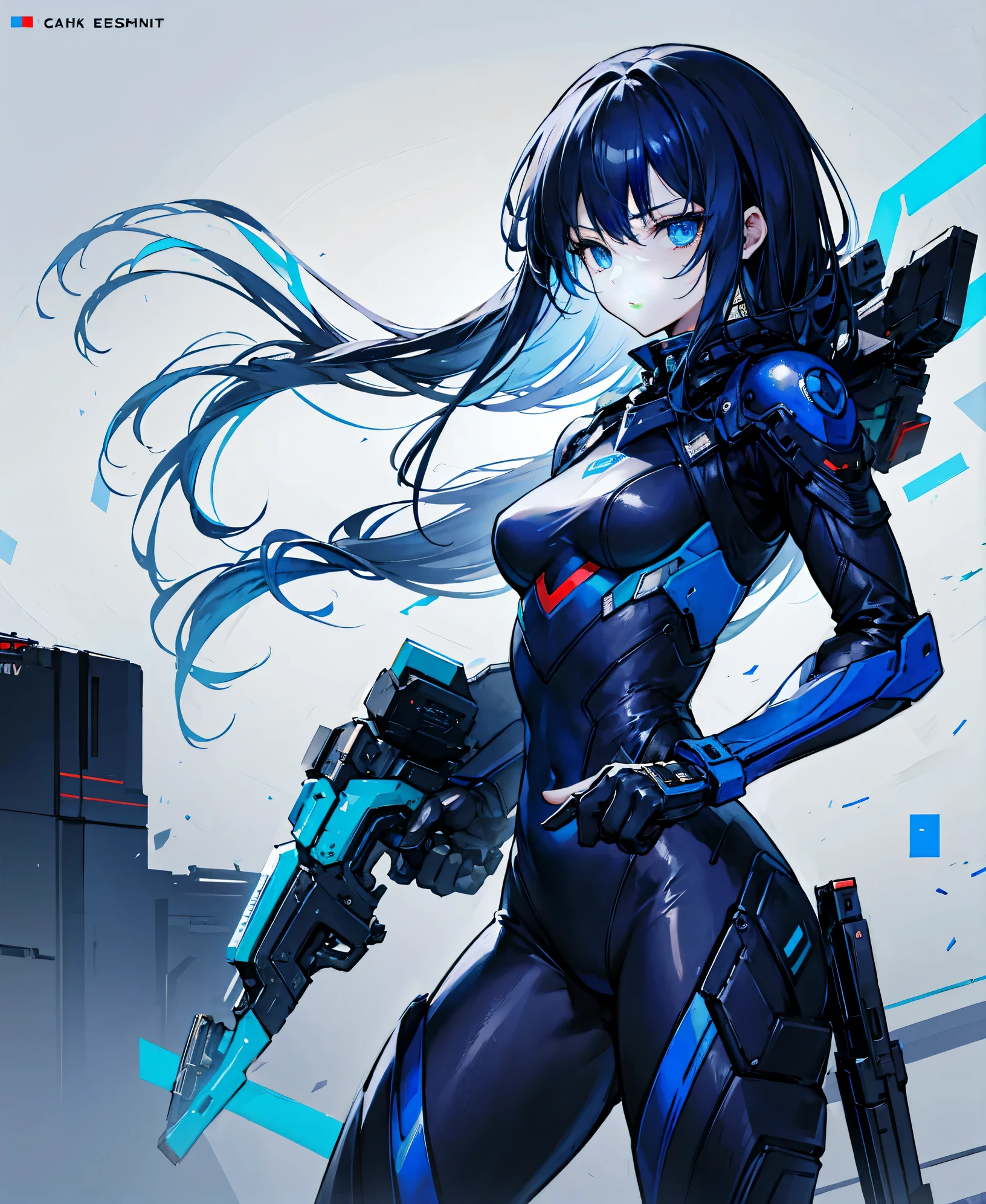 no background,girl,carry a firearm,Enamel style tight suit,use of firearms,dark blue long hair,attention arousal,blue colored eyes,no gradation