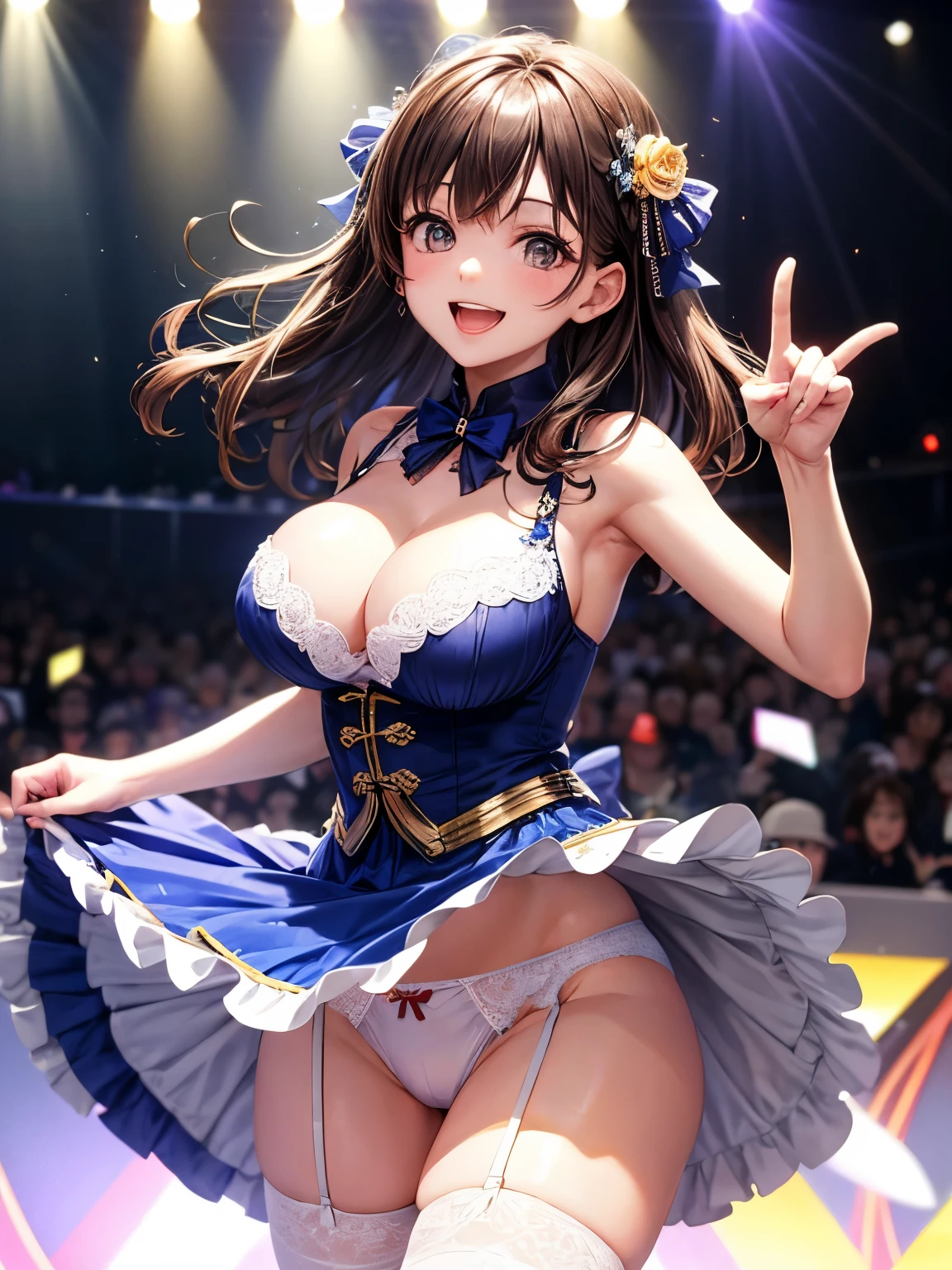 highest quality、All limbs、full finger、Slender beauty、straight hair、brown hair、Delete Blue, white and navy idol costume、high socks、beautiful big breasts、live stage、sing、microphone, dancing、big smile、(white horizontal lace panties:1.1), skirt lift, show off panties, (shirt lift:0.5), (show off bra:0.7)
