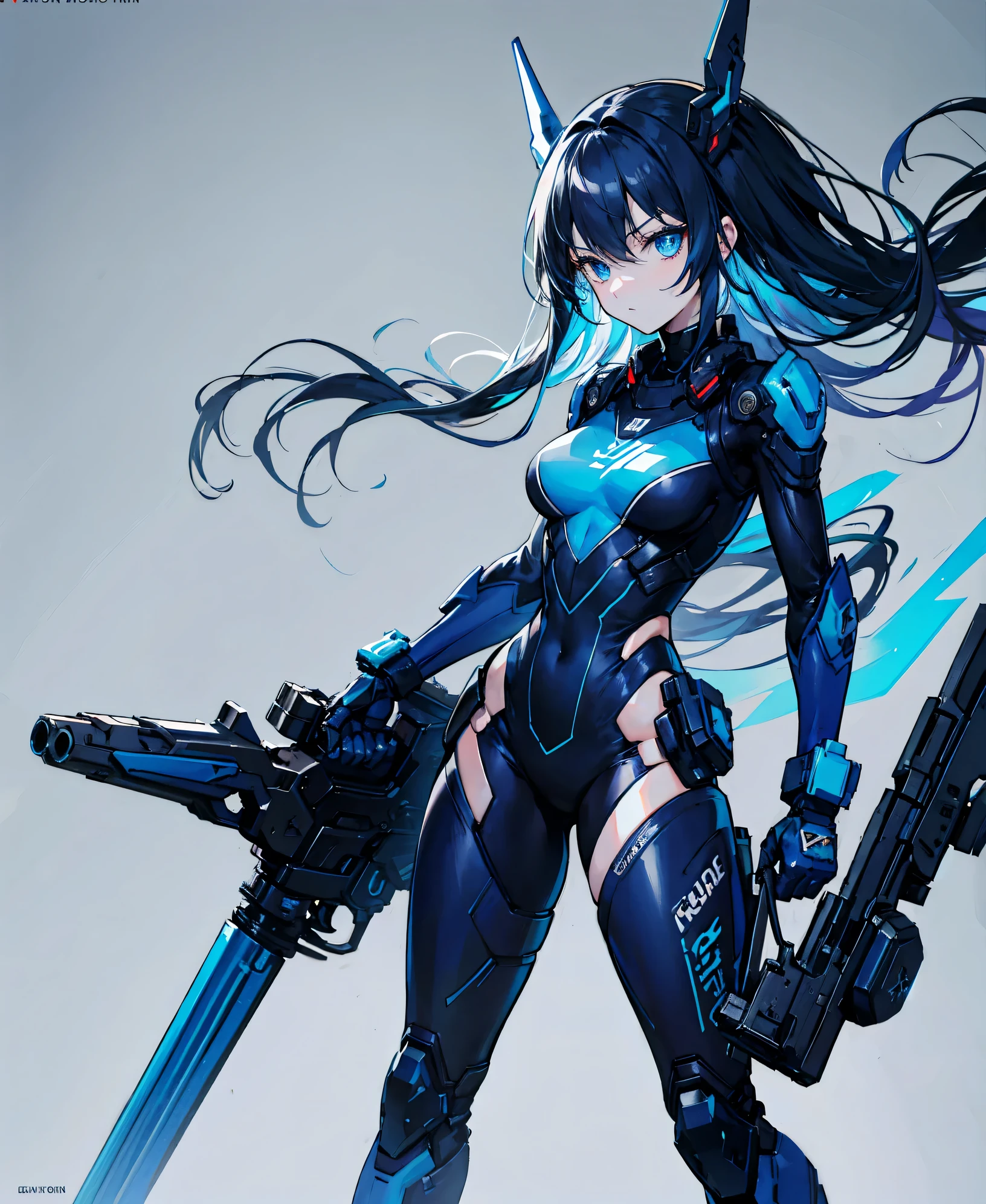 no background，girl，carry a firearm，Enamel style tight suit，use of firearms，dark blue long hair，attention arousal，blue colored eyes,no gradation