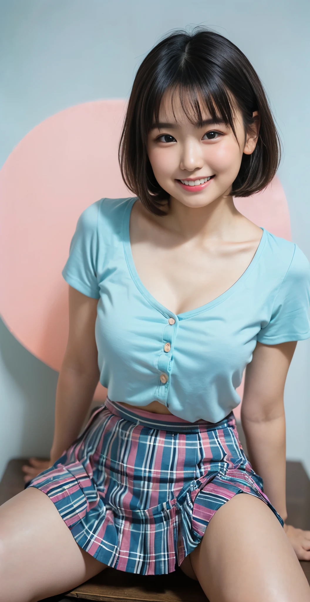 （8K、Raw photography、highest quality、masterpiece：1.2),(black haired、very short hair:1.8),(twin mitsu braid:1.4)、show viewer,Looking at the front,erotic,白いskin,(she is wearing pink and light blue clothes 。.:1.7)、()、(Clothing that emphasizes the shape of your chest、publish one&#39;skin:1.8)、(big breasts :1.4)、slim body shape、ultra high resolution,beautiful,beautiful fece,(alone、no background:1.9),whole bodyボディー,japanese woman,（Photoreal：1.37）、photon mapping,reality、(Baby-faced and cute: 1.1)、(cute smile: 1.7)、(With a round face: 1.7)、radio city、Physically based rendering、depth of field rally background、photograph, (I can see your knees,plaid skirt、spread your legs wide、close up of thighs:1.6),whole body、super fine