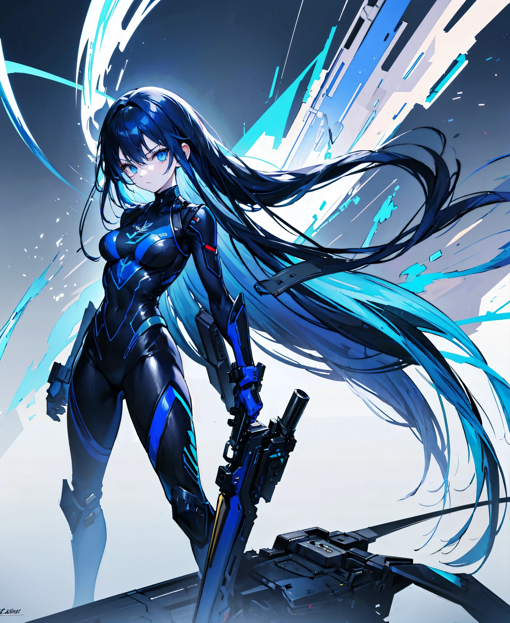 no background,girl,carry a firearm,Enamel style tight suit,use of firearms,dark blue long hair,attention arousal,blue colored eyes,no gradation