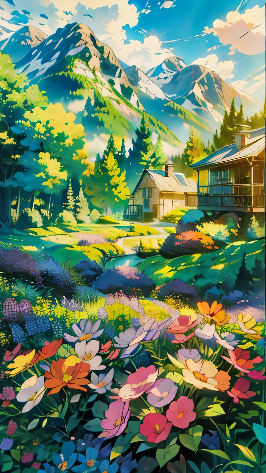 masterpiece, a painting of a flower garden with a castle in the background, thomas kinkade style painting, ( ( thomas kinkade ) ), ross tran. scenic background, thomas kinkade painting, romanticism landscape painting, colorful landscape painting, beautiful fantasy painting, anime landscape, anime nature wallpap, tomas kinkade, background of flowery hill, style thomas kinkade
best quality,ï1/4, (forest:1.5)