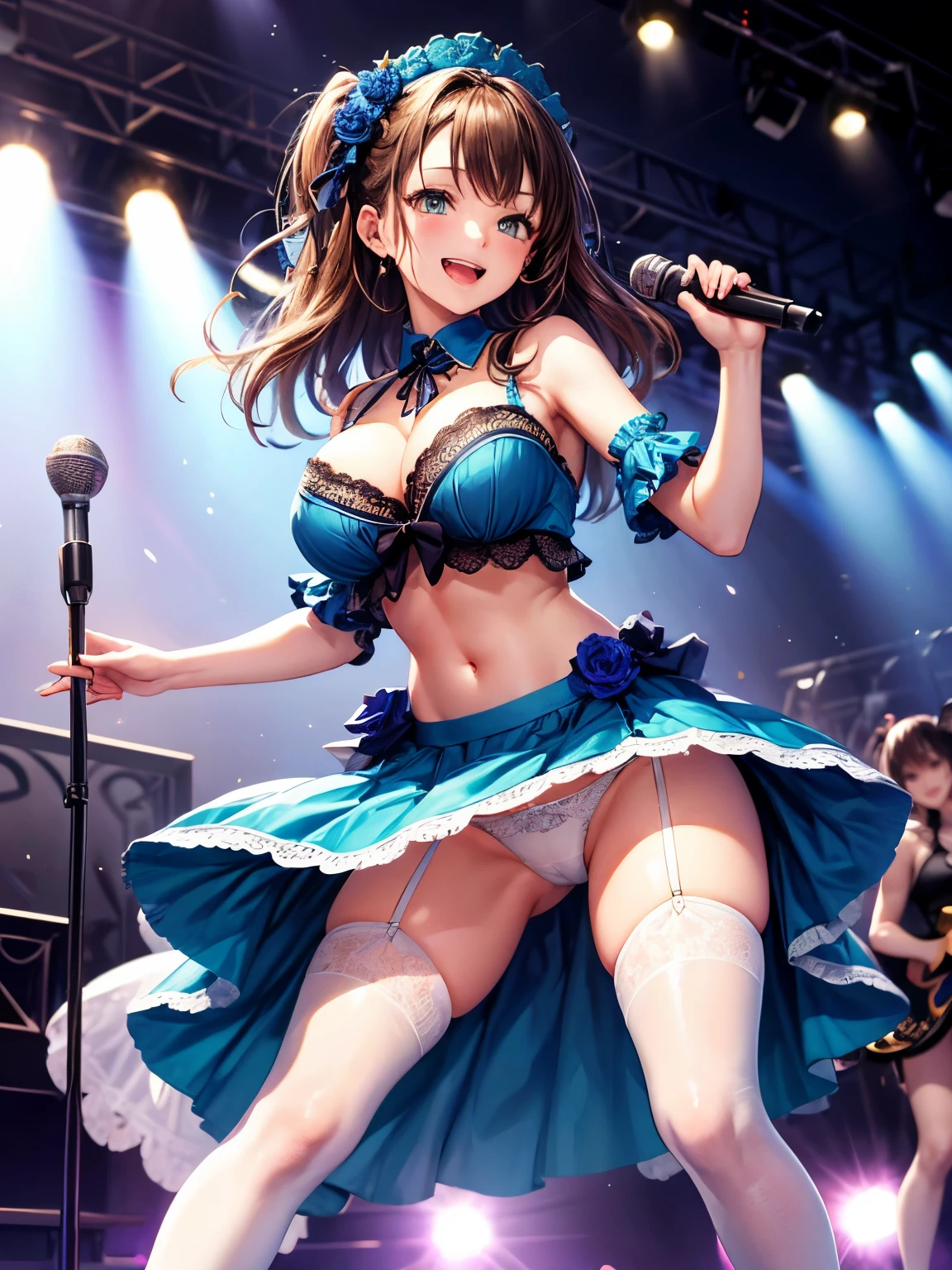 highest quality、All limbs、full finger、Slender beauty、straight hair、brown hair、Delete Blue, white and navy idol costume、high socks、beautiful big breasts、live stage、sing、microphone, dancing、big smile、(white horizontal lace panties:1.1), skirt lift, show off panties, (shirt lift:0.5), (show off bra:0.7)
