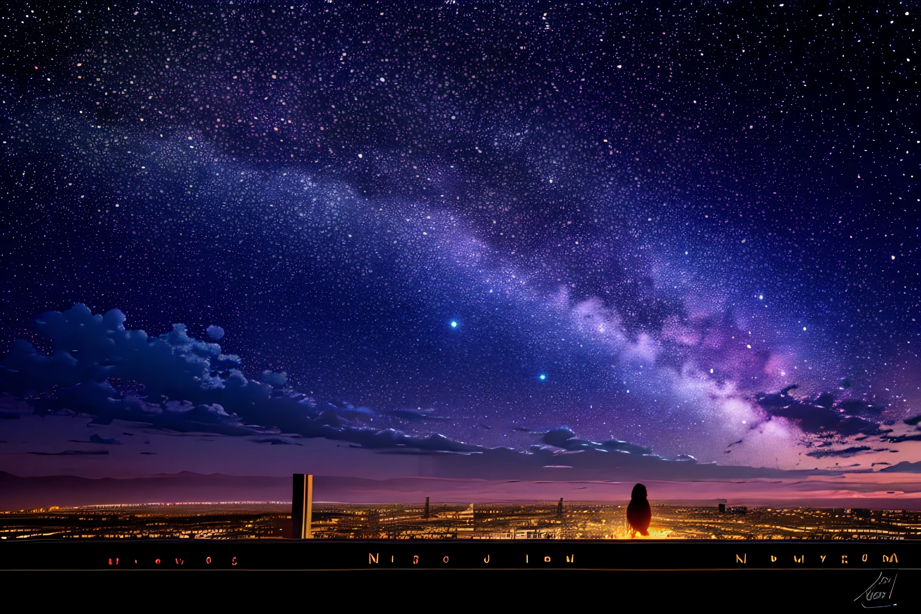 octane number, null, star (null), scenery, starry null, night, 1 girl, night null, alone, outdoor, sign, building, cloud, milky way, sitting, wood, long hair, city, silhouette, cityscape