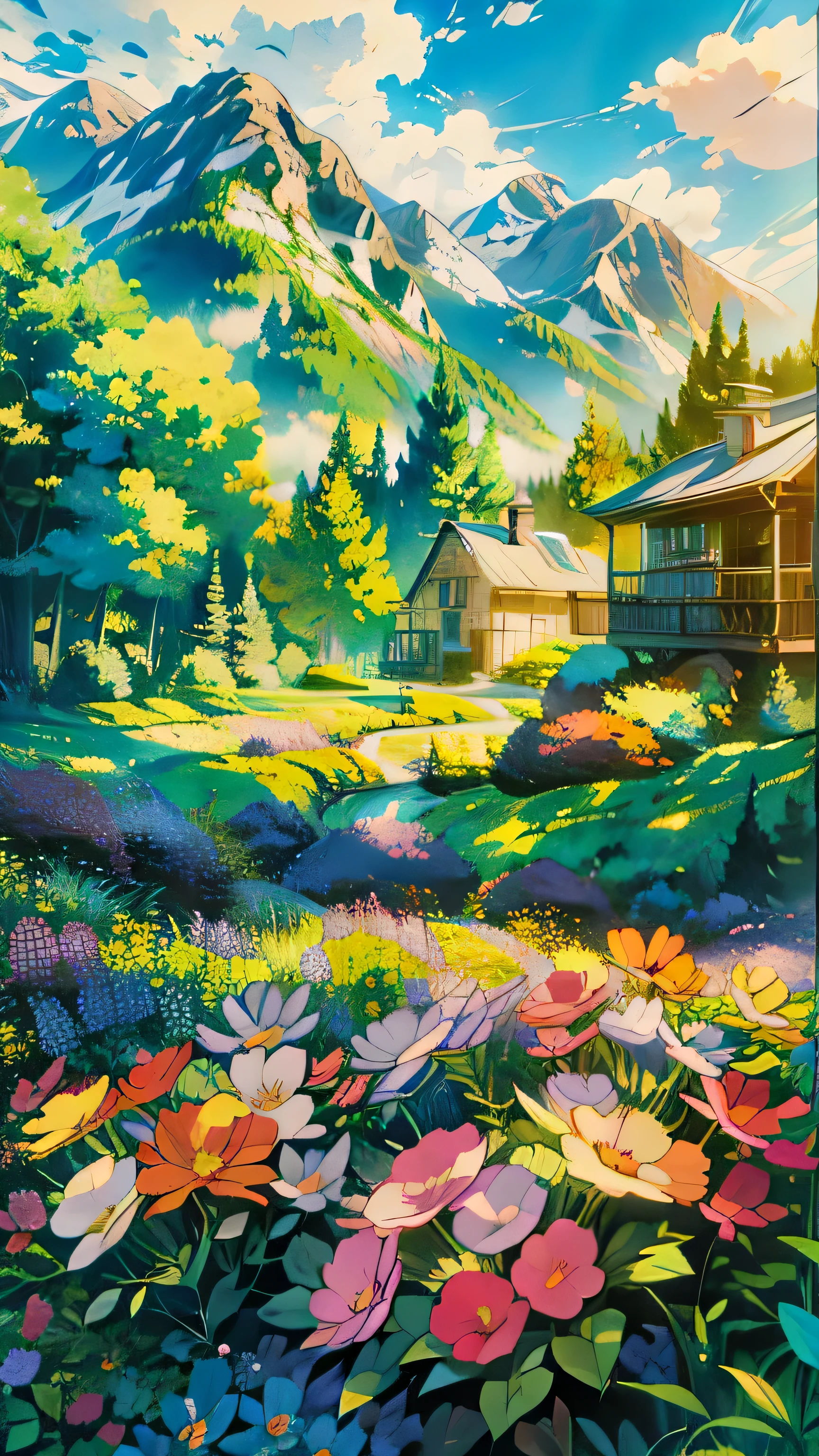 masterpiece, a painting of a flower garden with a castle in the background, thomas kinkade style painting, ( ( thomas kinkade ) ), ross tran. scenic background, thomas kinkade painting, romanticism landscape painting, colorful landscape painting, beautiful fantasy painting, anime landscape, anime nature wallpap, tomas kinkade, background of flowery hill, style thomas kinkade
best quality,ï1/4, (forest:1.5)