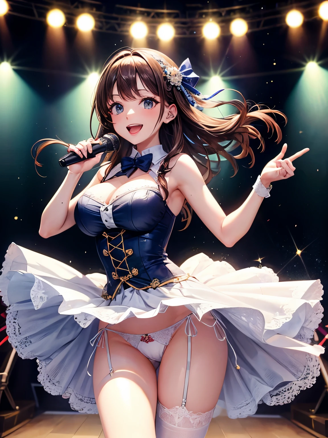 highest quality、All limbs、full finger、Slender beauty、straight hair、brown hair、Delete Blue, white and navy idol costume、high socks、beautiful big breasts、live stage、sing、microphone, dancing、big smile、(white horizontal lace panties:1.1), skirt lift, show off panties, (shirt lift:0.5), (show off bra:0.7)