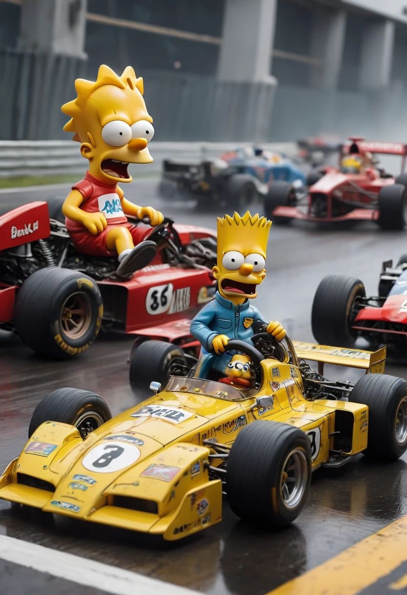 racing cars, "Bart Simpson" elements, (best quality, masterpiece, perfect composition, very aesthetic, ultra-detailed, intricate details:1.3)
