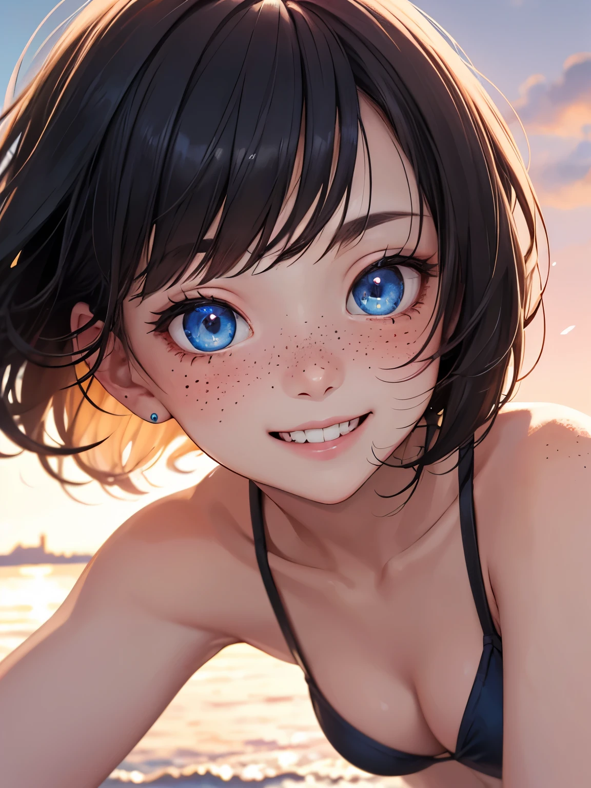 high quality,masterpiece,advanced details,premium quality,4K high resolution,UHD,Retina,Accurate,Anatomically correct,Super detail,High details,Best quality, cute girl, Blue eyes Odd eye, rose color cheek freckles, Smile showing teeth, black short bob, face forward, cute nude, Bikini Shorts
