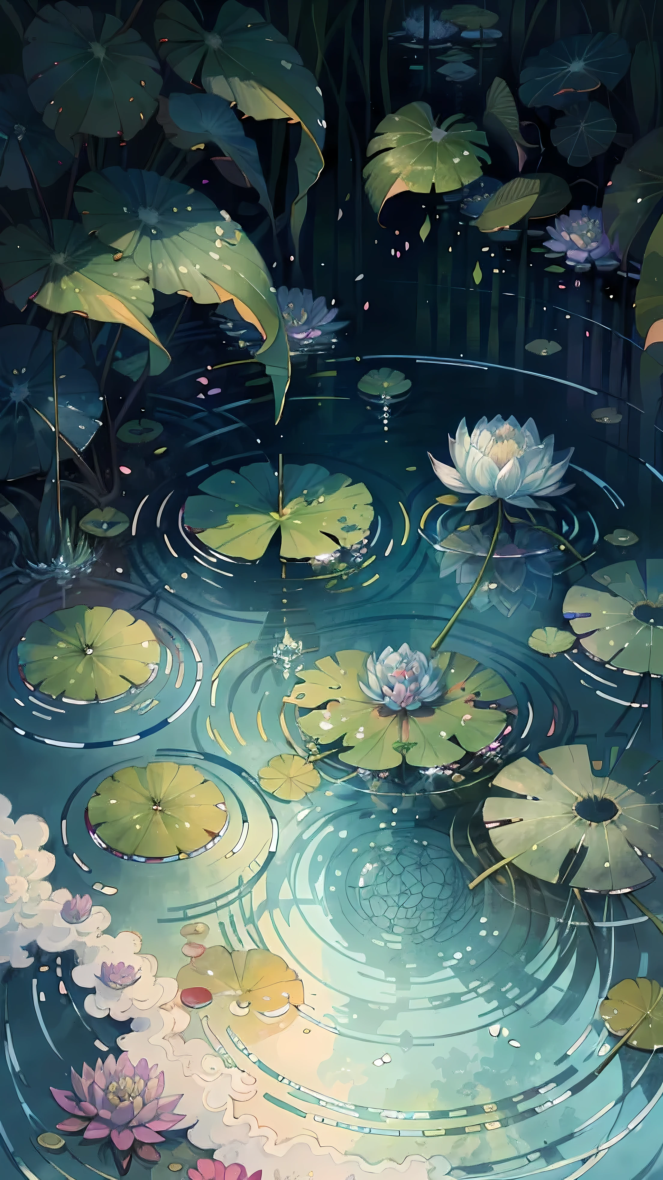 Original,(illustratio:1.1),(best qualtiy),(tmasterpiece:1.1),(the Extremely Detailed CG Unity 8K Wallpapers),(a color:1.2),water lilies,Water lily petals,scenecy,rios|Wagas,
