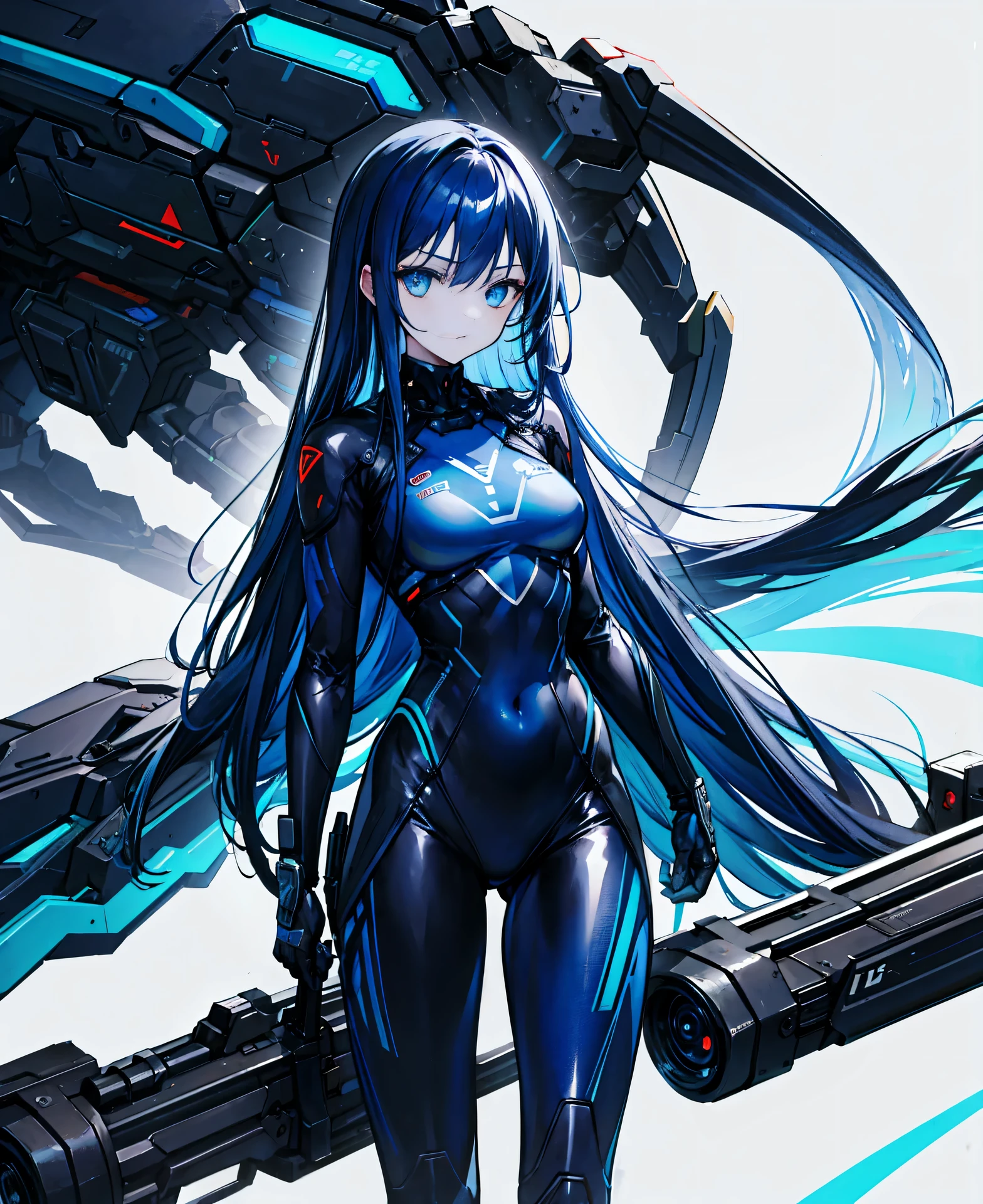 no background,girl,carry a firearm,Enamel style tight suit,use of firearms,dark blue long hair,attention arousal,blue colored eyes,no gradation