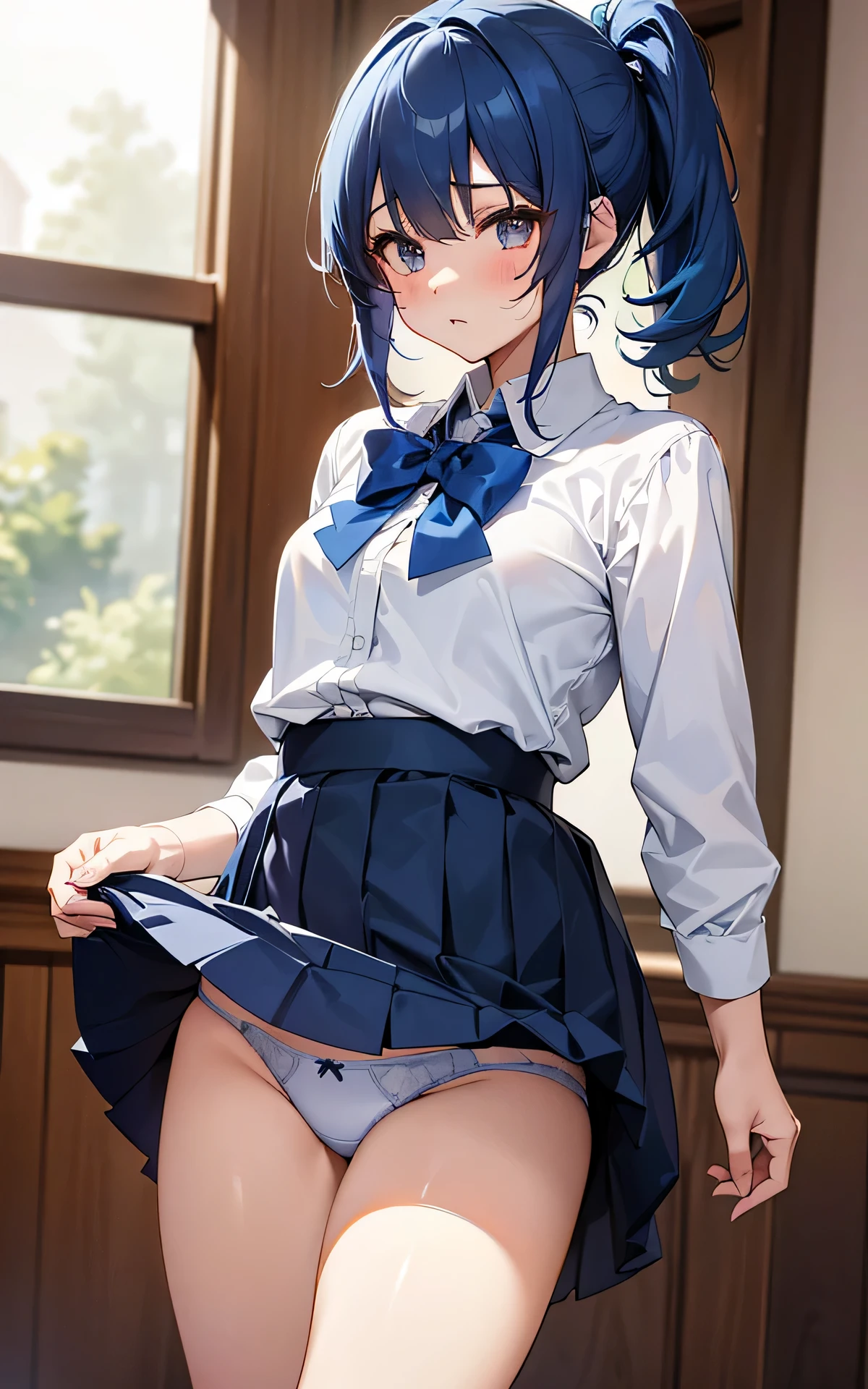 absurderes:1.8, ((From the thigh up:1.5, beautiful clear eyes)), ((school uniform、skirt lift:1.5, showing panties:1.4, hime cut))、(1woman), Unity 8K Wallpaper, Masterpiece, detailed hair, highly detailed, (blue hair, wwhite panties:1.4, school), (Uncomfortable:1.4)、
