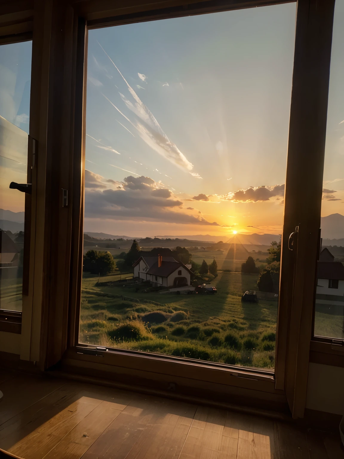 Sunrise in the countryside, the sun between the mountains on the horizon hitting the house window