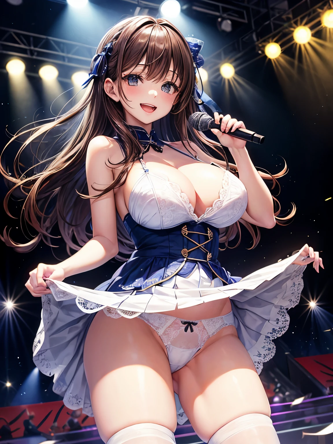 highest quality、All limbs、full finger、Slender beauty、straight hair、brown hair、Delete Blue, white and navy idol costume、high socks、beautiful big breasts、live stage、sing、microphone, dancing、big smile、(white horizontal lace panties:1.1), skirt lift, show off panties, (shirt lift:0.5), (show off bra:0.7)