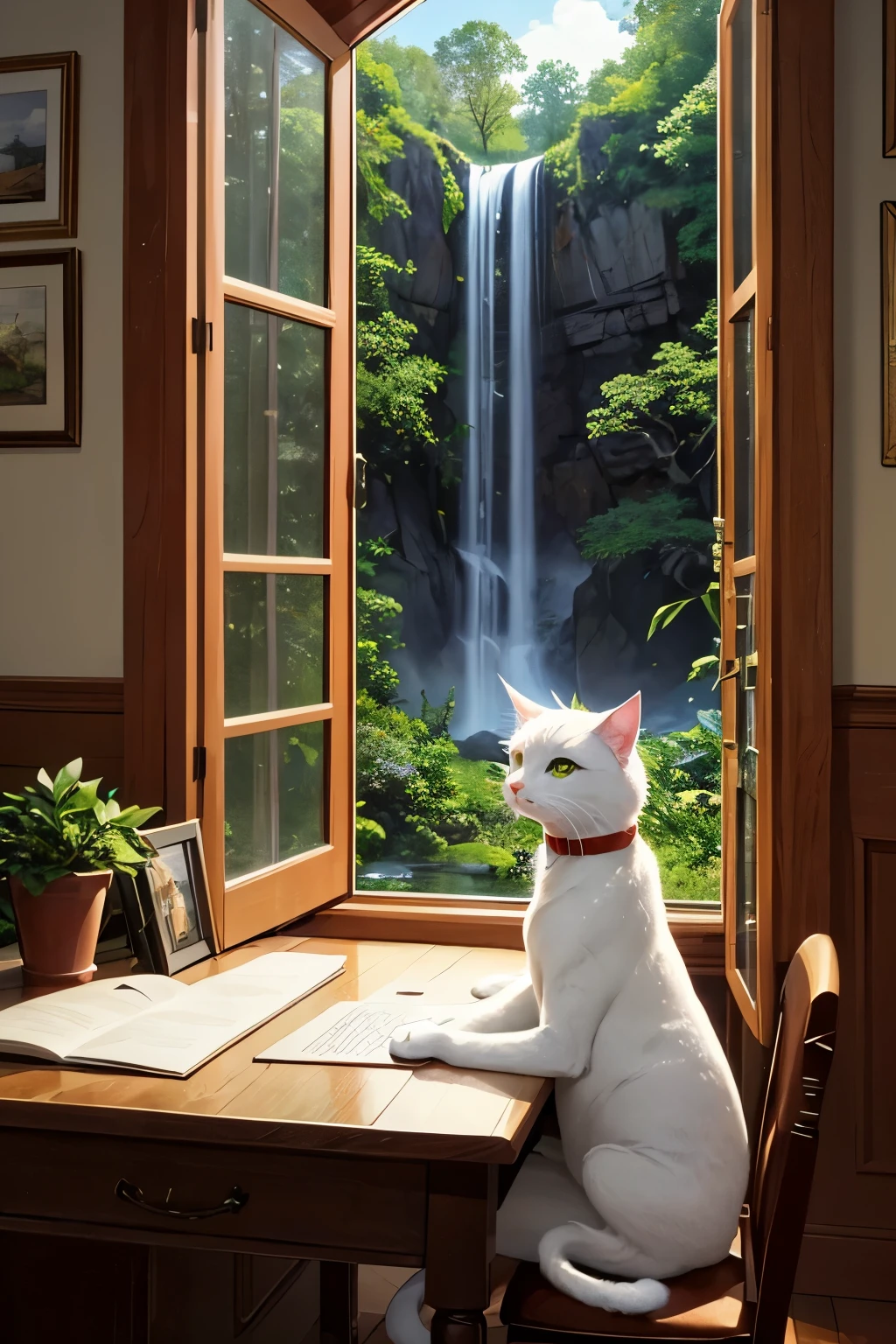 animated, (Masterpiece, Top Quality, Best Quality, Official Art, Beautiful and Aesthetic: 1.2), the white cat wizard, green eyes ,red hat, desk , waterfall ,
window view,