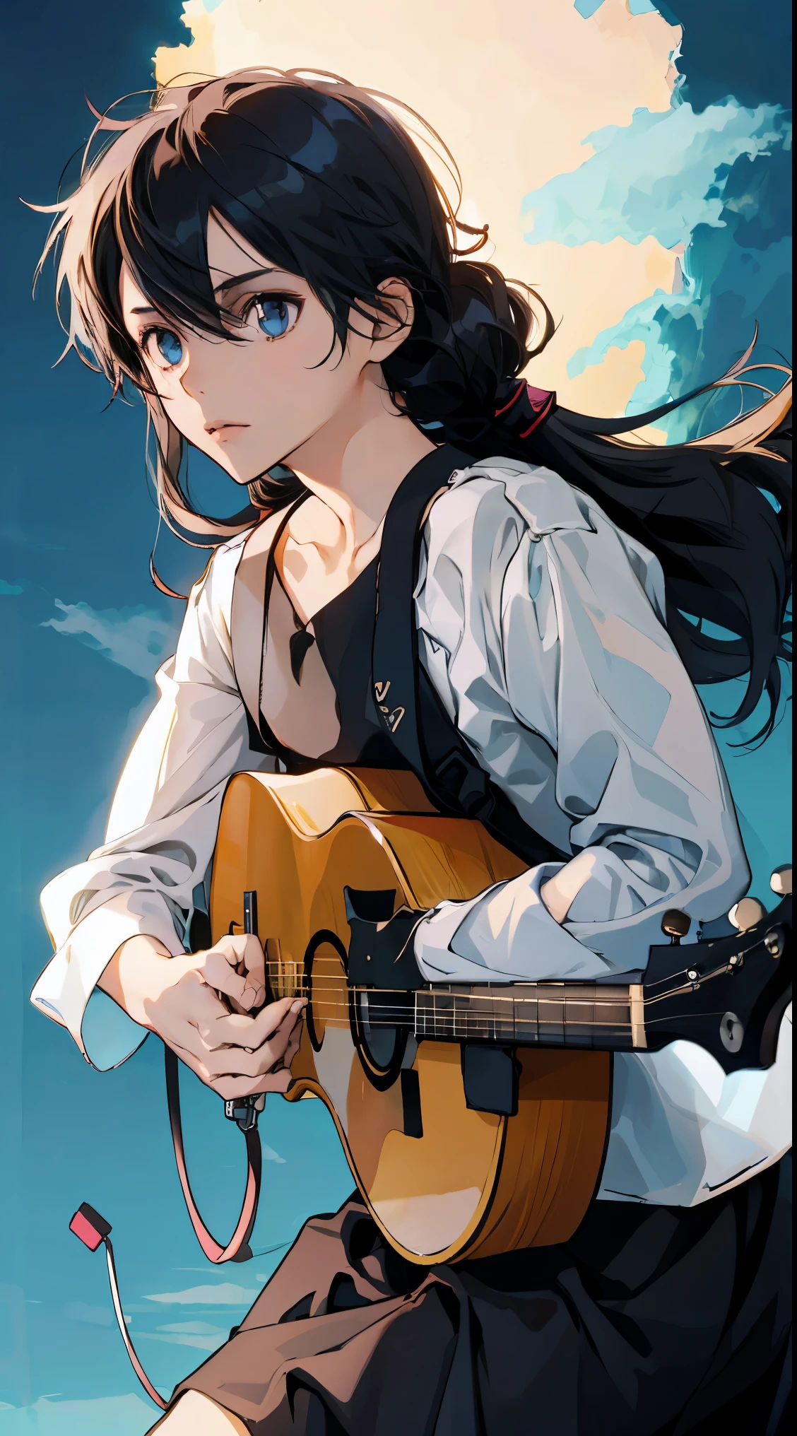 28 years old、black hair messy hair、precision 6 string acoustic guitar:1.2、Anatomically correct fingers、acoustic guitar、Only 1 guitar、Please look straight ahead and sing、(Turn your face forward:1.2)、swimsuit,Female Kirito,long hair,white silk