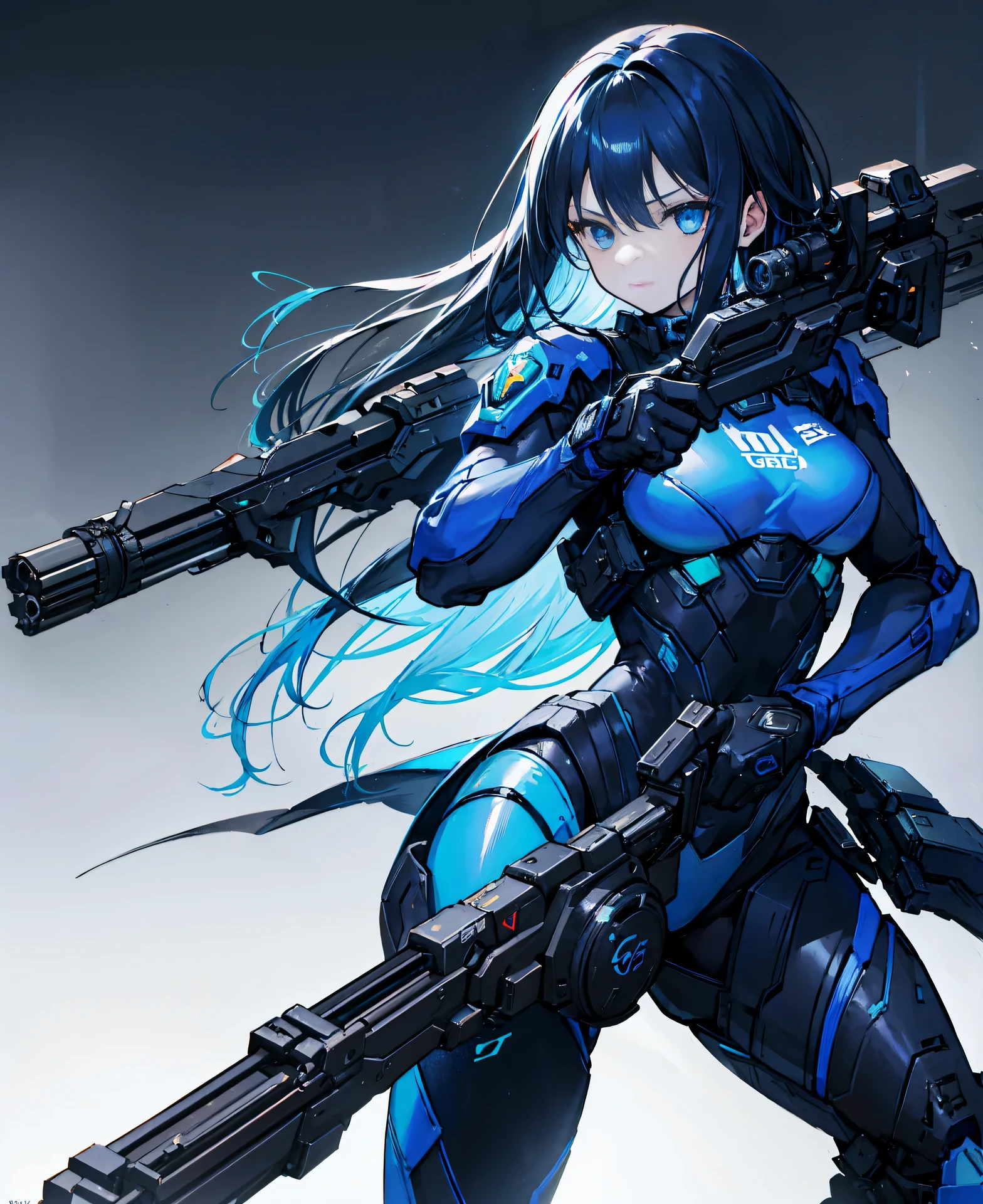 no background,girl,carry a firearm,Enamel style tight suit,use of firearms,dark blue long hair,attention arousal,blue colored eyes,no gradation
