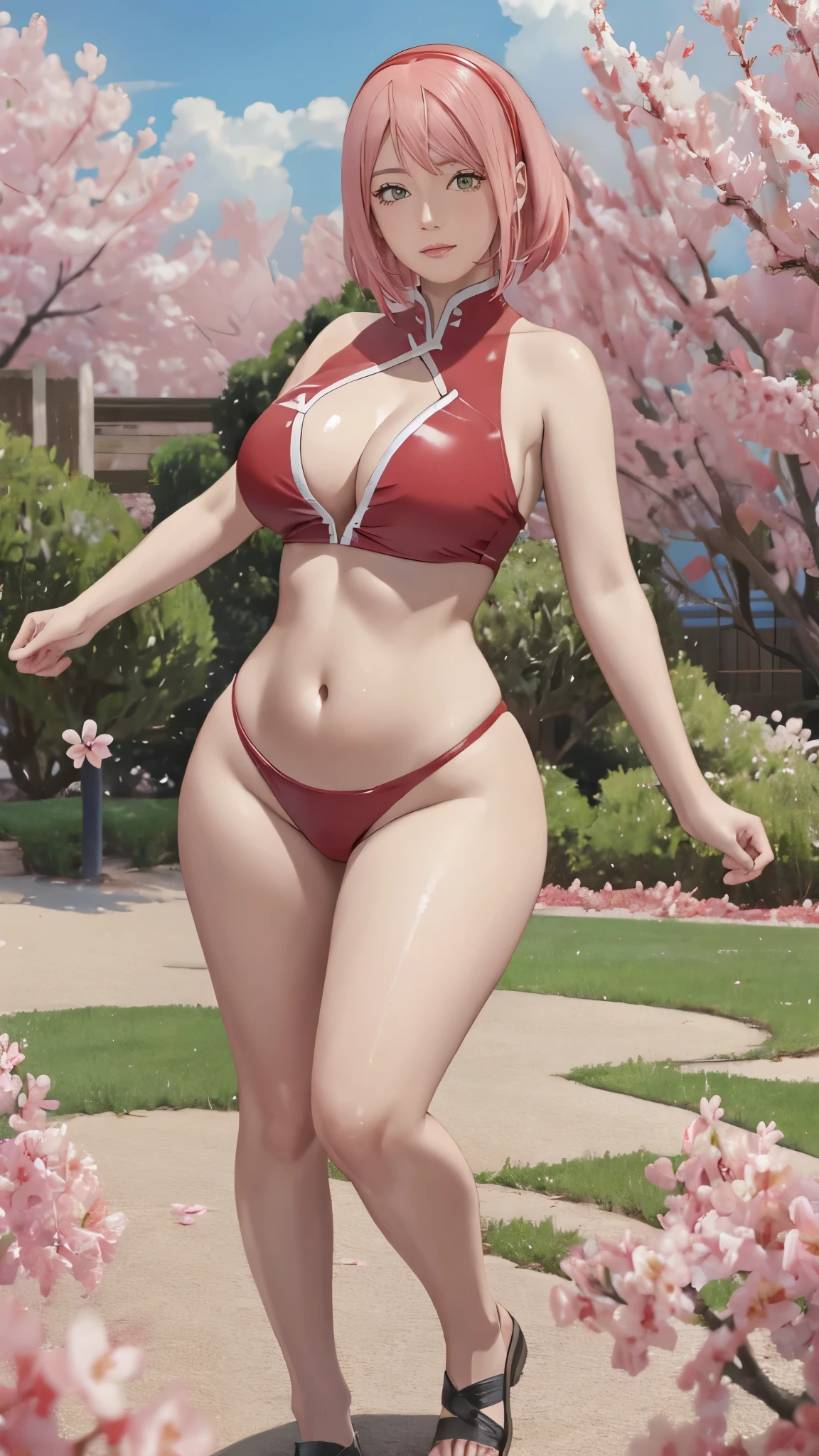 Chubby , thick, Curve, Realistic, Photorealistic,cowboy shot,masterpiece, absurdres, (colorful), 1girl, haruno sakura, forehead mark, red hairband, detailed red chinesse mini dress, navel, groin, bracelet, looking at viewer, flushed face, smile, cherry blossoms, private garden, wind, floating hair, large breast, (((wide hips))), toned body, detailed eyes, dynamic pose, full body