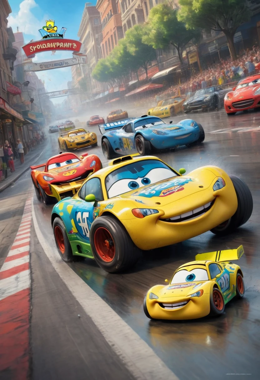 racing cars, by SpongeBob SquarePants, (best quality, masterpiece, perfect composition, very aesthetic, ultra-detailed, intricate details:1.3)