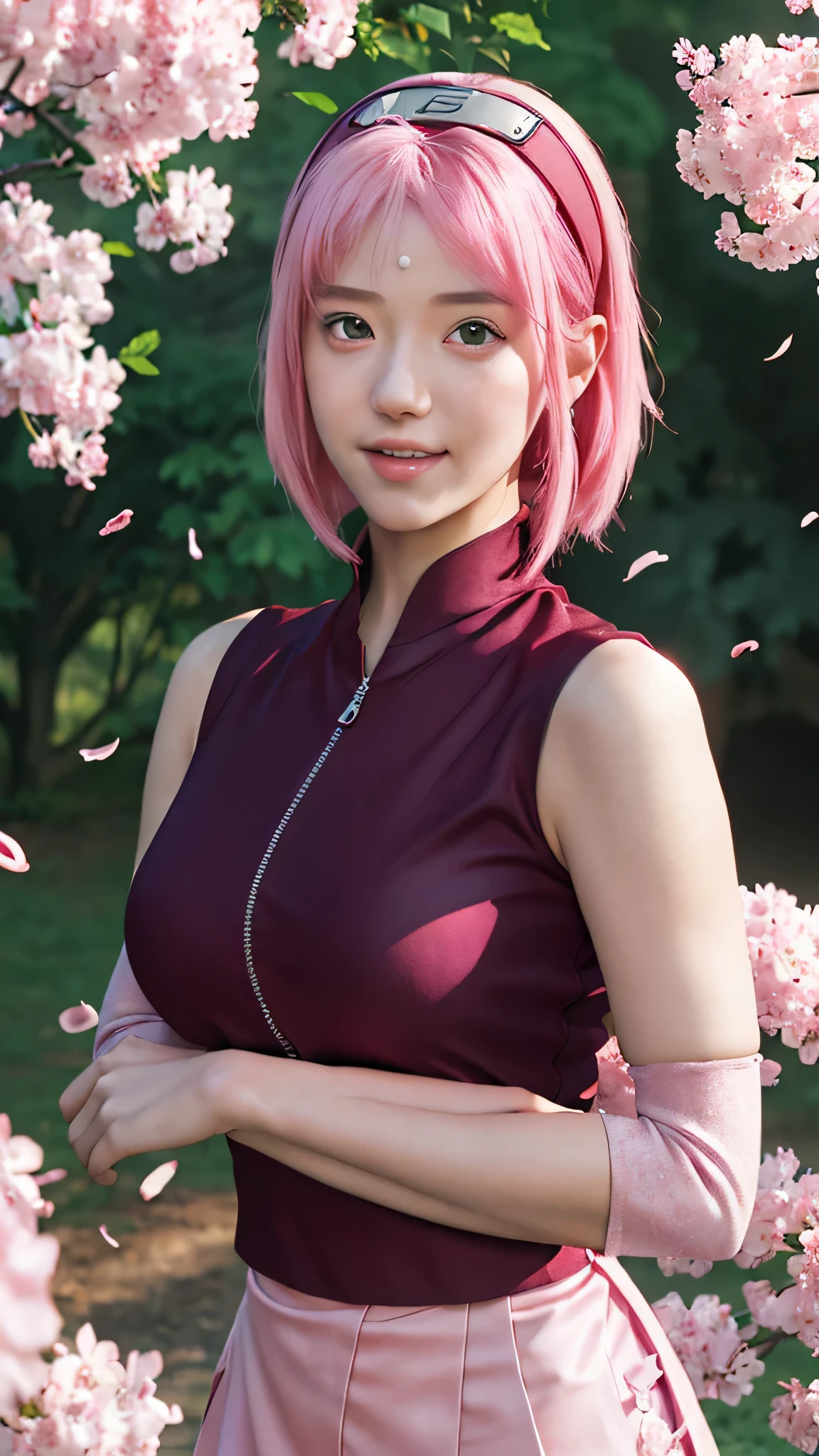 1girl, haruno sakura in anime naruto, short hair, pink hair, green eyes, smile, beautiful, pink clothes, very big breast, realistic clothes, detail clothes, outdoor background, ultra detail, realistic