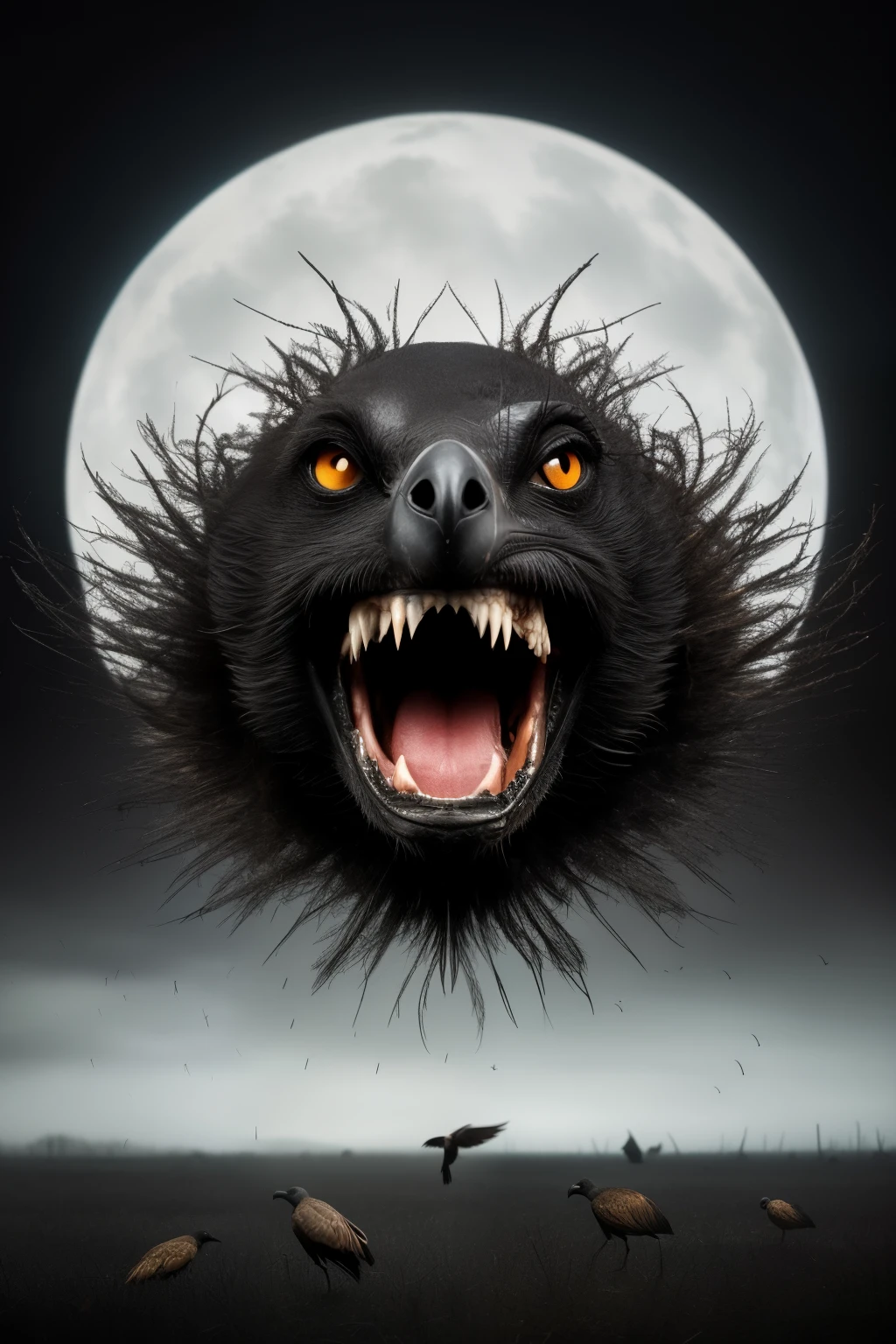In the vast expanse of a surreal and macabre landscape, a face emerges from the chaotic swirl of morbid elements. Eyes closed in eternal slumber, the face is adorned with a chilling grin, the open mouth gushing forth a rain of broken, rotten teeth. Flies of all shapes and sizes gather around the decaying visage, their tiny legs buzzing in frenzied excitement as they feast on the putrid remains. A vulture, its wings spread wide, hovers menacingly overhead, its beady eyes fixed intently on the grisly prize. Crows caw discordantly, their black silhouettes stark against the tumultuous