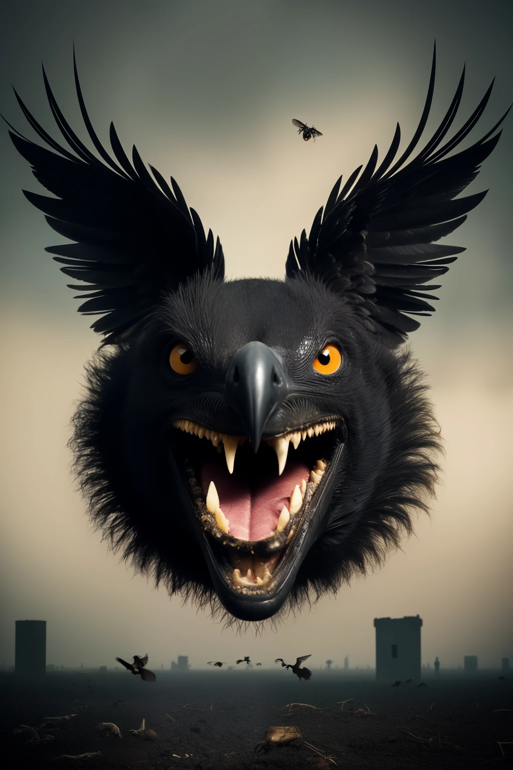 In the vast expanse of a surreal and macabre landscape, a face emerges from the chaotic swirl of morbid elements. Eyes closed in eternal slumber, the face is adorned with a chilling grin, the open mouth gushing forth a rain of broken, rotten teeth. Flies of all shapes and sizes gather around the decaying visage, their tiny legs buzzing in frenzied excitement as they feast on the putrid remains. A vulture, its wings spread wide, hovers menacingly overhead, its beady eyes fixed intently on the grisly prize. Crows caw discordantly, their black silhouettes stark against the tumultuous
